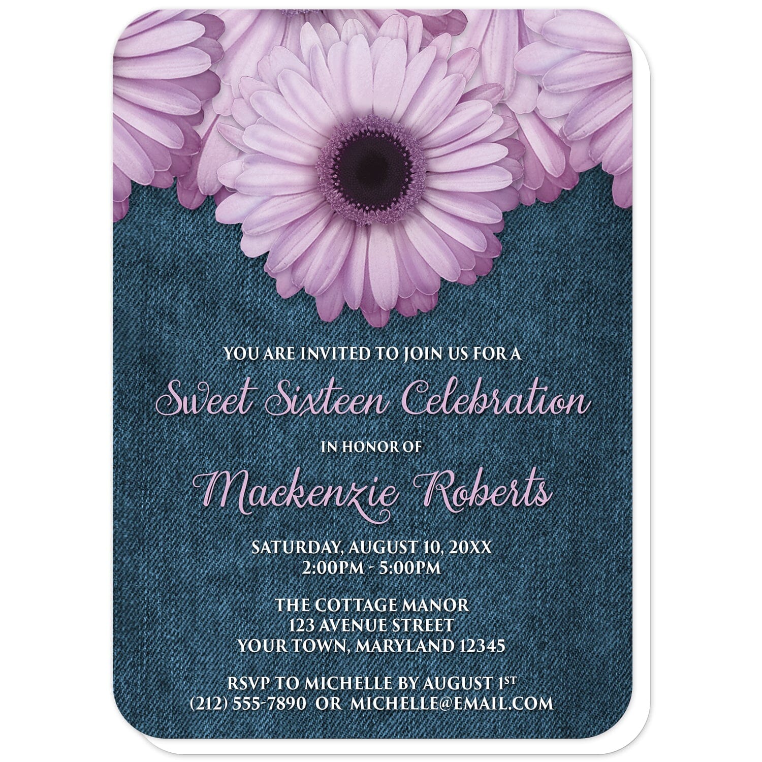 Rustic Purple Daisy Denim Sweet 16 Invitations (with rounded corners) at Artistically Invited. Rustic purple daisy denim sweet 16 invitations designed with large and lovely purple daisy flowers along the top over a country blue denim illustration. Your personalized sweet sixteen party details are custom printed in a whimsical purple script font for the name and occasion title and the remaining details are represented with an all-capital letters white font on the blue denim background. 