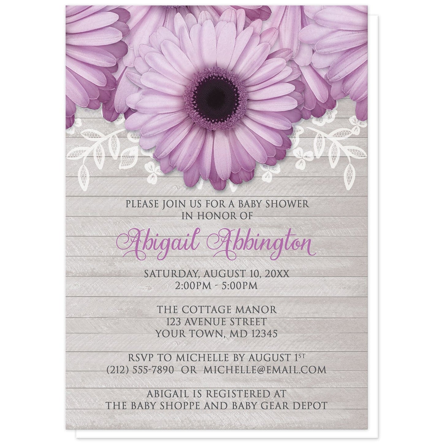 Rustic Purple Daisy Gray Wood Baby Shower Invitations at Artistically Invited. Rustic purple daisy gray wood baby shower invitations designed with large and lovely purple daisy flowers with a white lace overlay along the top over a light gray wood background illustration. Your personalized baby shower celebration details are arranged in purple and dark gray over the wood background design below the pretty purple daisies.
