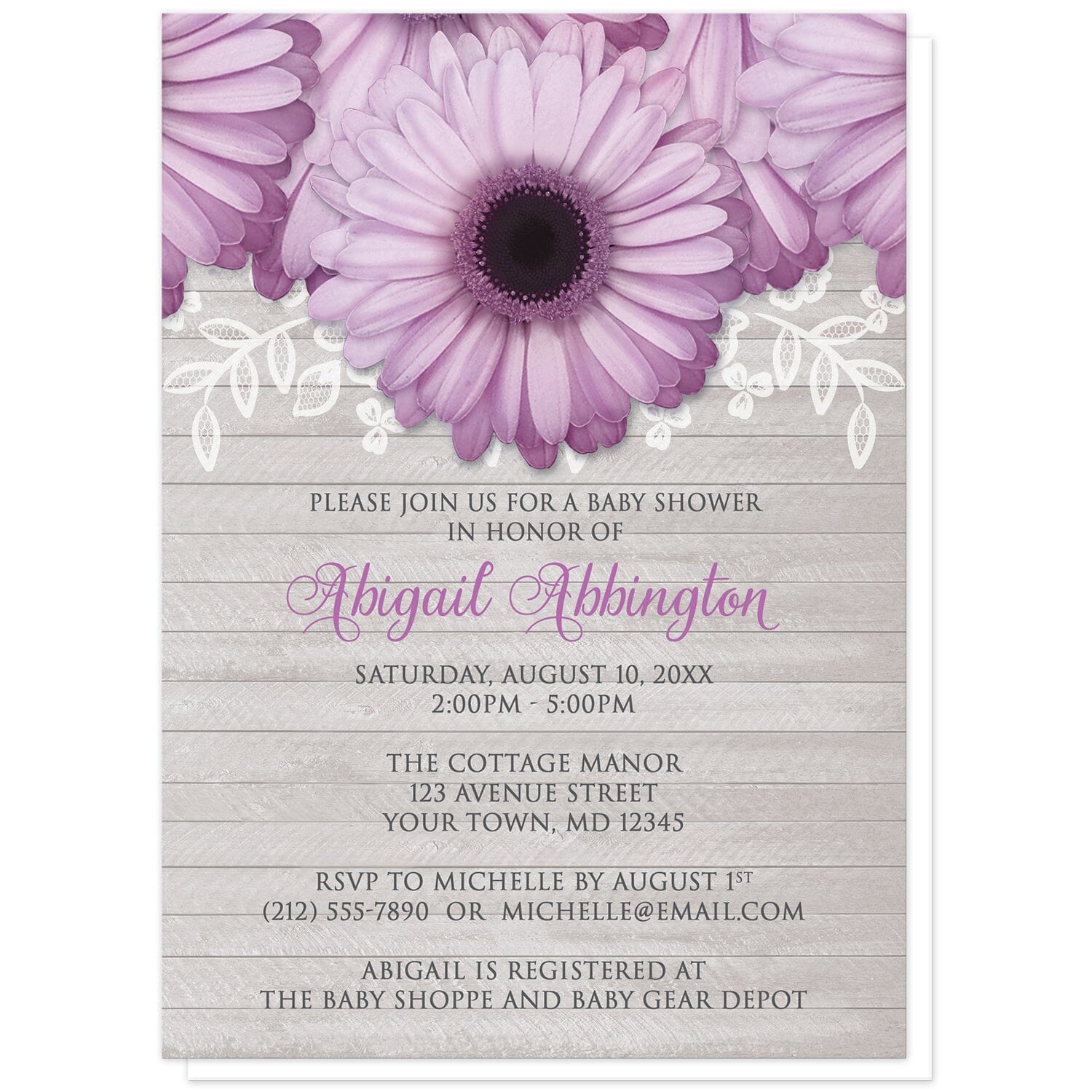 Rustic Purple Daisy Gray Wood Baby Shower Invitations at Artistically Invited. Rustic purple daisy gray wood baby shower invitations designed with large and lovely purple daisy flowers with a white lace overlay along the top over a light gray wood background illustration. Your personalized baby shower celebration details are arranged in purple and dark gray over the wood background design below the pretty purple daisies.