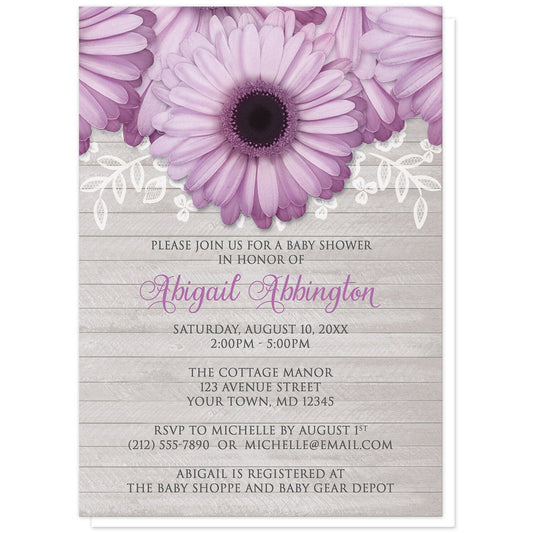 Rustic Purple Daisy Gray Wood Baby Shower Invitations at Artistically Invited. Rustic purple daisy gray wood baby shower invitations designed with large and lovely purple daisy flowers with a white lace overlay along the top over a light gray wood background illustration. Your personalized baby shower celebration details are arranged in purple and dark gray over the wood background design below the pretty purple daisies.