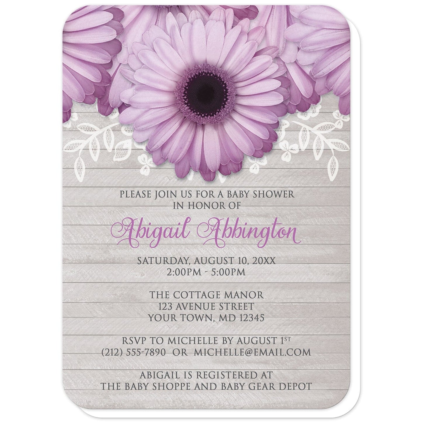 Rustic Purple Daisy Gray Wood Baby Shower Invitations (with rounded corners) at Artistically Invited. Rustic purple daisy gray wood baby shower invitations designed with large and lovely purple daisy flowers with a white lace overlay along the top over a light gray wood background illustration. Your personalized baby shower celebration details are custom printed in purple and dark gray over the wood background design below the pretty purple daisies.