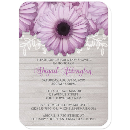 Rustic Purple Daisy Gray Wood Baby Shower Invitations (with rounded corners) at Artistically Invited. Rustic purple daisy gray wood baby shower invitations designed with large and lovely purple daisy flowers with a white lace overlay along the top over a light gray wood background illustration. Your personalized baby shower celebration details are custom printed in purple and dark gray over the wood background design below the pretty purple daisies.
