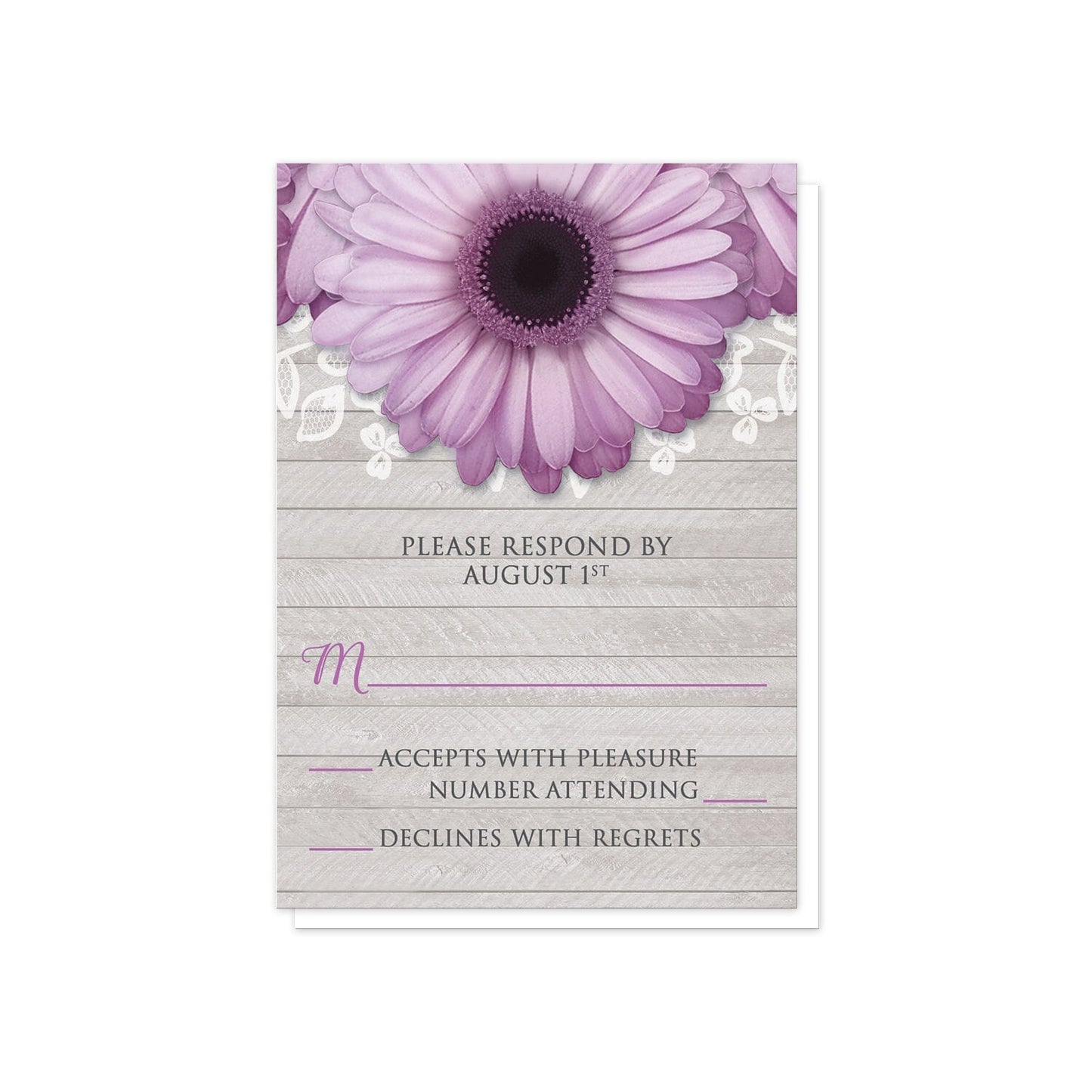 Rustic Purple Daisy Gray Wood RSVP Cards at Artistically Invited.