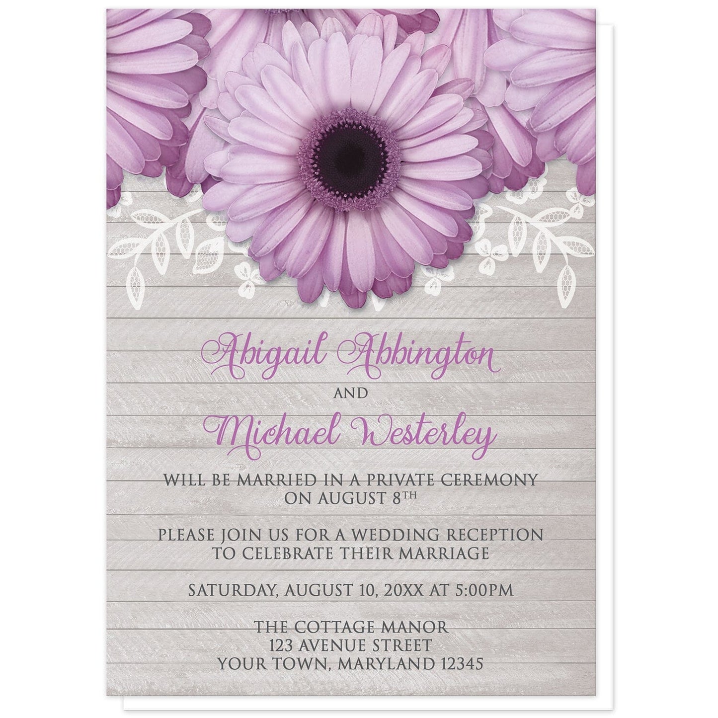 Rustic Purple Daisy Gray Wood Reception Only Invitations at Artistically Invited. Rustic purple daisy gray wood reception only invitations designed with large and lovely purple daisy flowers with a white lace overlay along the top over a light gray wood background illustration. Your personalized post-wedding reception details are arranged in purple and dark gray over the wood background design below the pretty purple daisies.