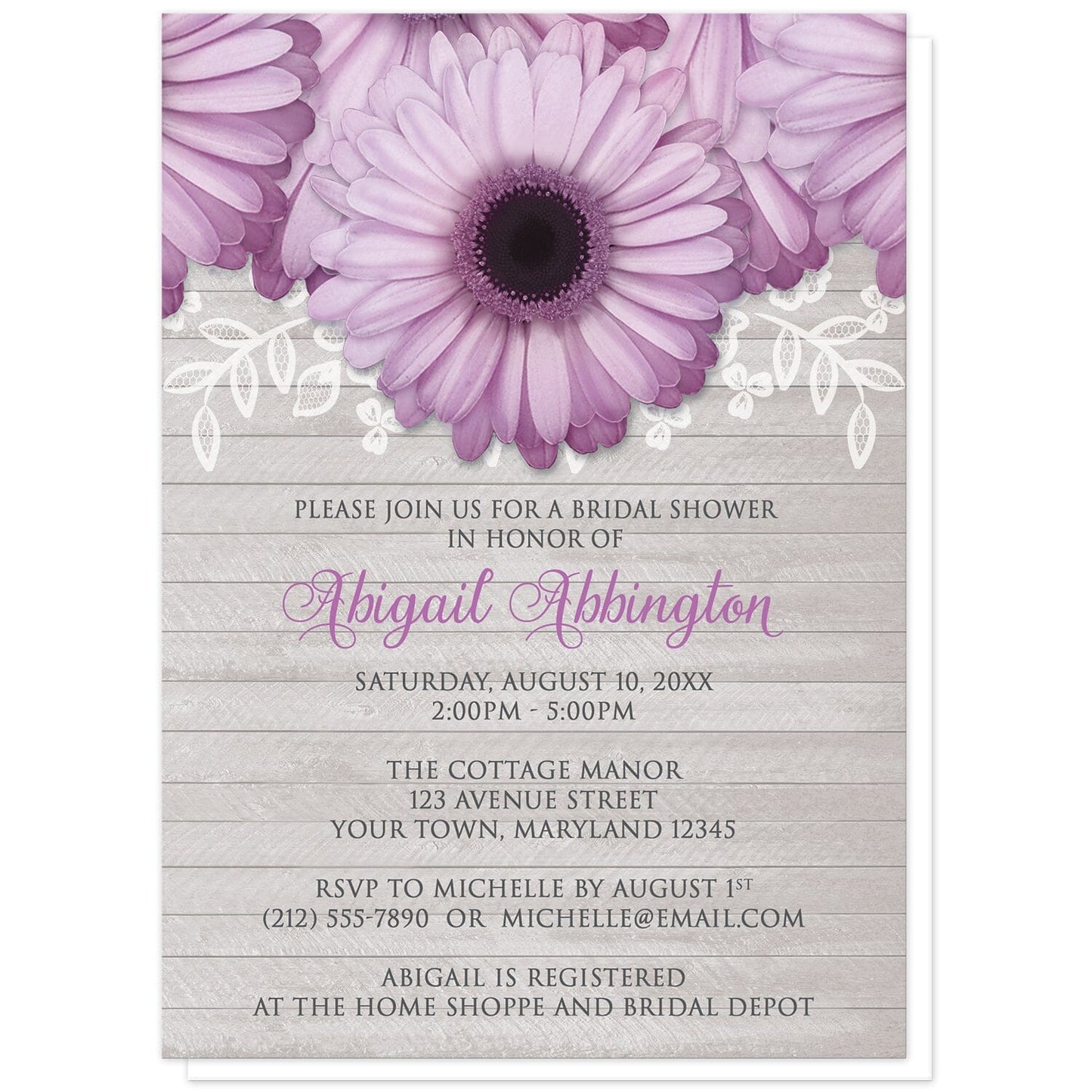 Rustic Purple Daisy Gray Wood Bridal Shower Invitations at Artistically Invited. Rustic purple daisy gray wood bridal shower invitations designed with large and lovely purple daisy flowers with a white lace overlay along the top over a light gray wood background illustration. Your personalized bridal shower celebration details are arranged in purple and dark gray over the wood background design below the pretty purple daisies.