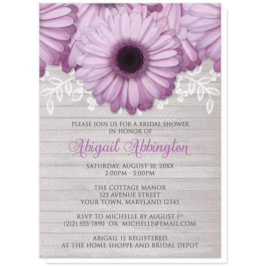 Rustic Purple Daisy Gray Wood Bridal Shower Invitations at Artistically Invited. Rustic purple daisy gray wood bridal shower invitations designed with large and lovely purple daisy flowers with a white lace overlay along the top over a light gray wood background illustration. Your personalized bridal shower celebration details are arranged in purple and dark gray over the wood background design below the pretty purple daisies.