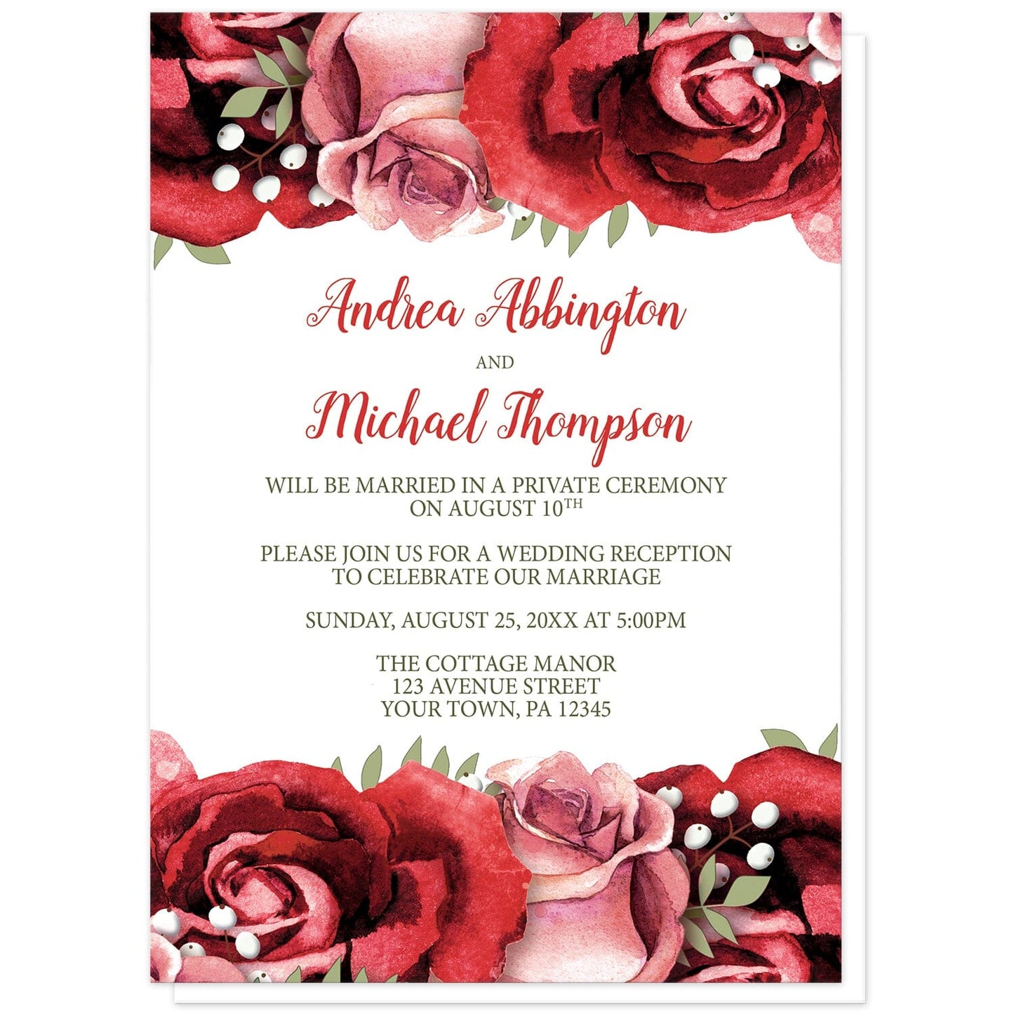 Rustic Red Pink Rose Green White Reception Only Invitations at Artistically Invited. Rustic red pink rose green white reception only invitations designed with beautiful red and pink roses along the top and the bottom. Your personalized post-wedding reception details are arranged in red and green over a white background in the center between the roses.