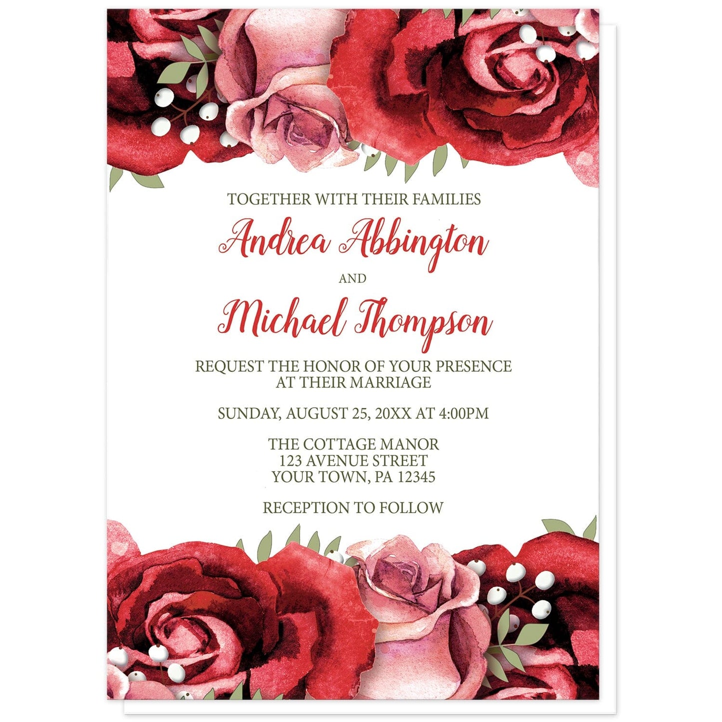 Rustic Red Pink Rose Green White Wedding Invitations at Artistically Invited. Rustic red pink rose green white wedding invitations designed with beautiful red and pink roses along the top and the bottom. Your personalized marriage ceremony details are arranged in red and green over a white background in the center between the roses.