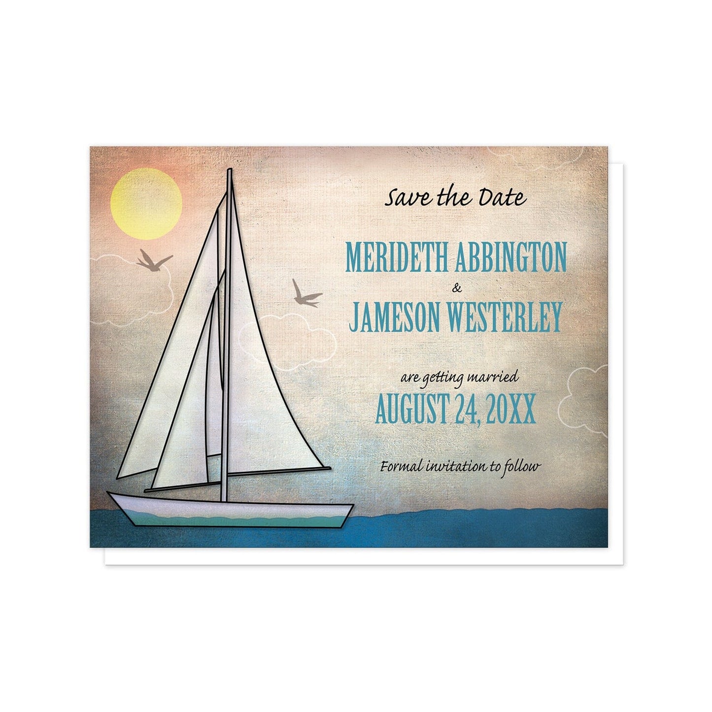 Rustic Sailboat Nautical Save the Date Cards at Artistically Invited. Rustic sailboat nautical save the date cards designed with an illustration of a sailboat on the water with the sun in the corner and two bird silhouettes around the boat. Your personalized wedding date details are arranged in blue and black over the rustic canvas background design.