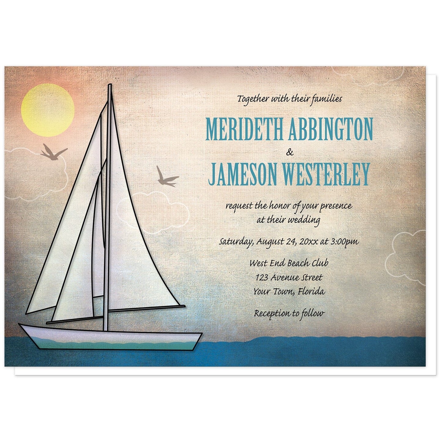 Rustic Sailboat Nautical Wedding Invitations at Artistically Invited. Rustic sailboat nautical wedding invitations designed with an illustration of a sailboat on the water with the sun in the corner and two bird silhouettes around the boat. Your personalized marriage ceremony details are arranged in blue and black over the rustic canvas background design.