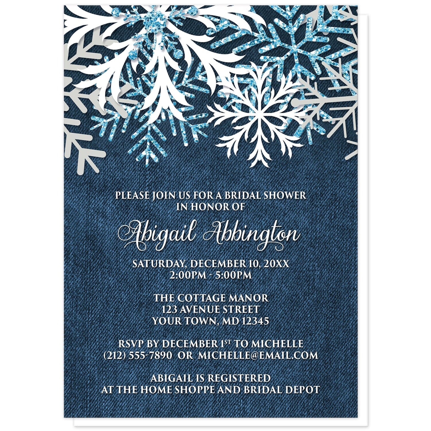 Rustic Snowflake Denim Winter Bridal Shower Invitations at Artistically Invited. Rustic snowflake denim winter bridal shower invitations with white, aqua blue glitter-illustrated, and light gray snowflakes along the top over a navy blue denim design. Your personalized bridal shower celebration details are arranged in white over the blue denim background below the pretty snowflakes.
