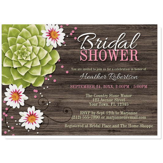 Rustic Succulent Floral Bridal Shower Invitations at Artistically Invited. Rustic succulent floral bridal shower invitations with a stylized illustration of a large green succulent, white flowers, and pink and white confetti circles over a dark brown wood texture image. Your personalized bridal shower celebration details are arranged in white, beige, and pink.