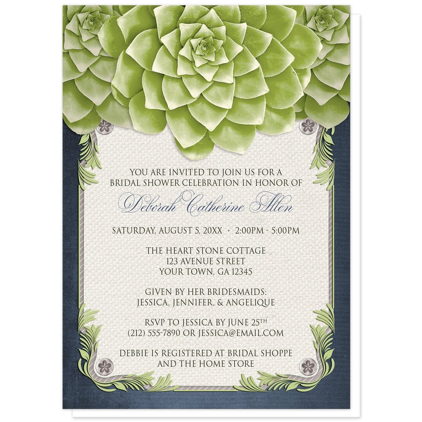 Rustic Succulent Garden Navy Bridal Shower Invitations at Artistically Invited. Rustic succulent garden navy bridal shower invitations with three large and lovely green succulents along the top over a beige canvas texture illustration framed with a leafy green decorative border, striped gray, and four floral metal pin illustrations, all over a navy blue background along the edges.