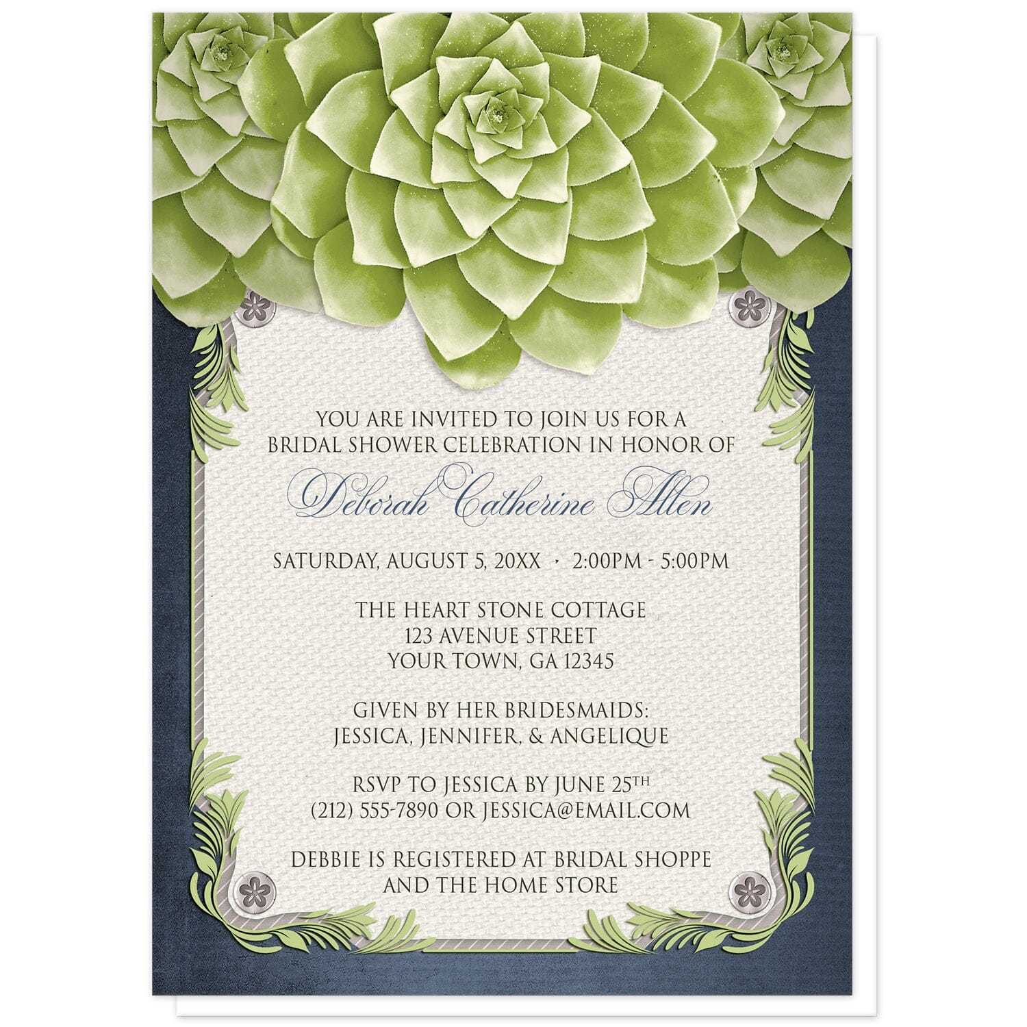 Rustic Succulent Garden Navy Bridal Shower Invitations at Artistically Invited. Rustic succulent garden navy bridal shower invitations with three large and lovely green succulents along the top over a beige canvas texture illustration framed with a leafy green decorative border, striped gray, and four floral metal pin illustrations, all over a navy blue background along the edges.