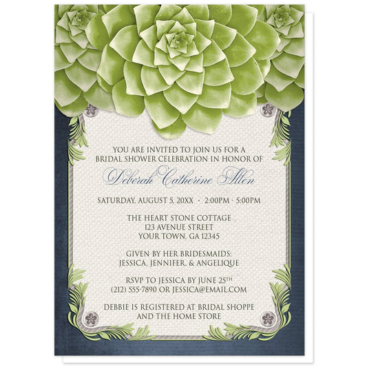 Rustic Succulent Garden Navy Bridal Shower Invitations at Artistically Invited. Rustic succulent garden navy bridal shower invitations with three large and lovely green succulents along the top over a beige canvas texture illustration framed with a leafy green decorative border, striped gray, and four floral metal pin illustrations, all over a navy blue background along the edges.