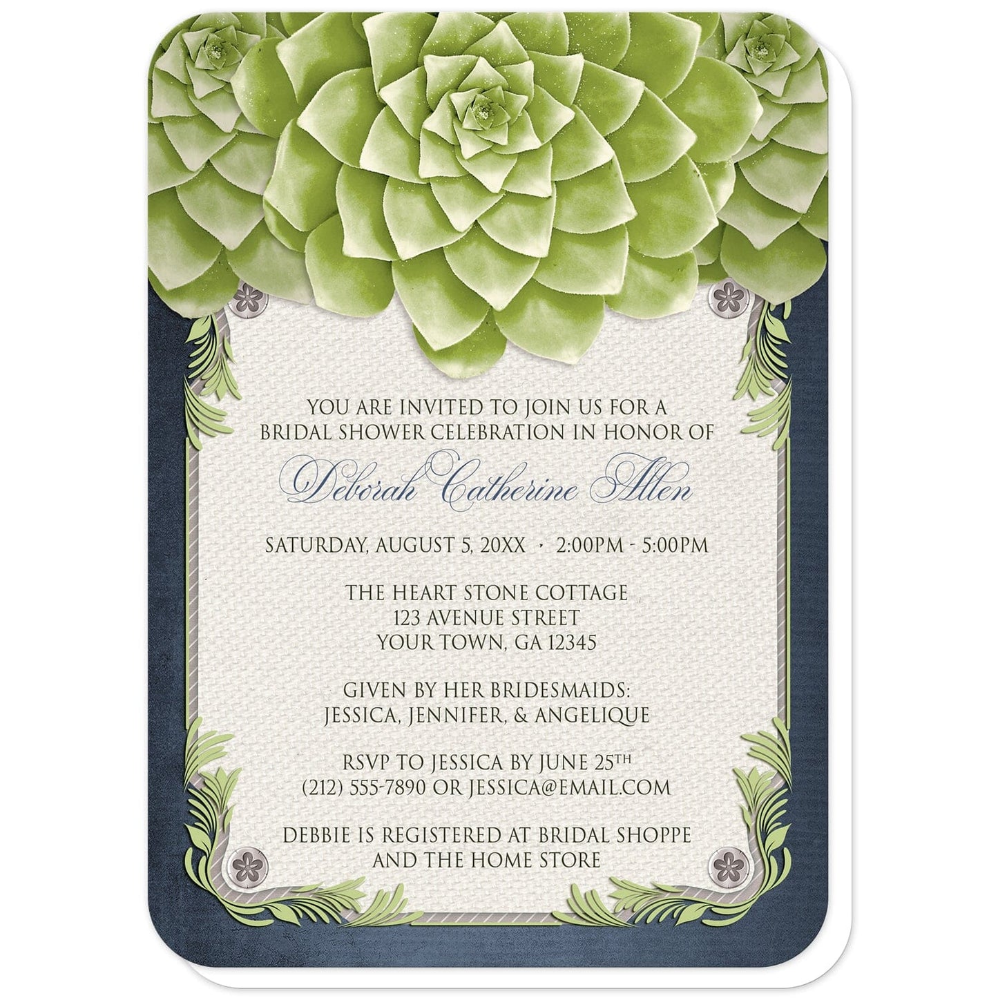 Rustic Succulent Garden Navy Bridal Shower Invitations (with rounded corners) at Artistically Invited. Rustic succulent garden navy bridal shower invitations with three large and lovely green succulents along the top over a beige canvas texture illustration framed with a leafy green decorative border, striped gray, and four floral metal pin illustrations, all over a navy blue background along the edges.
