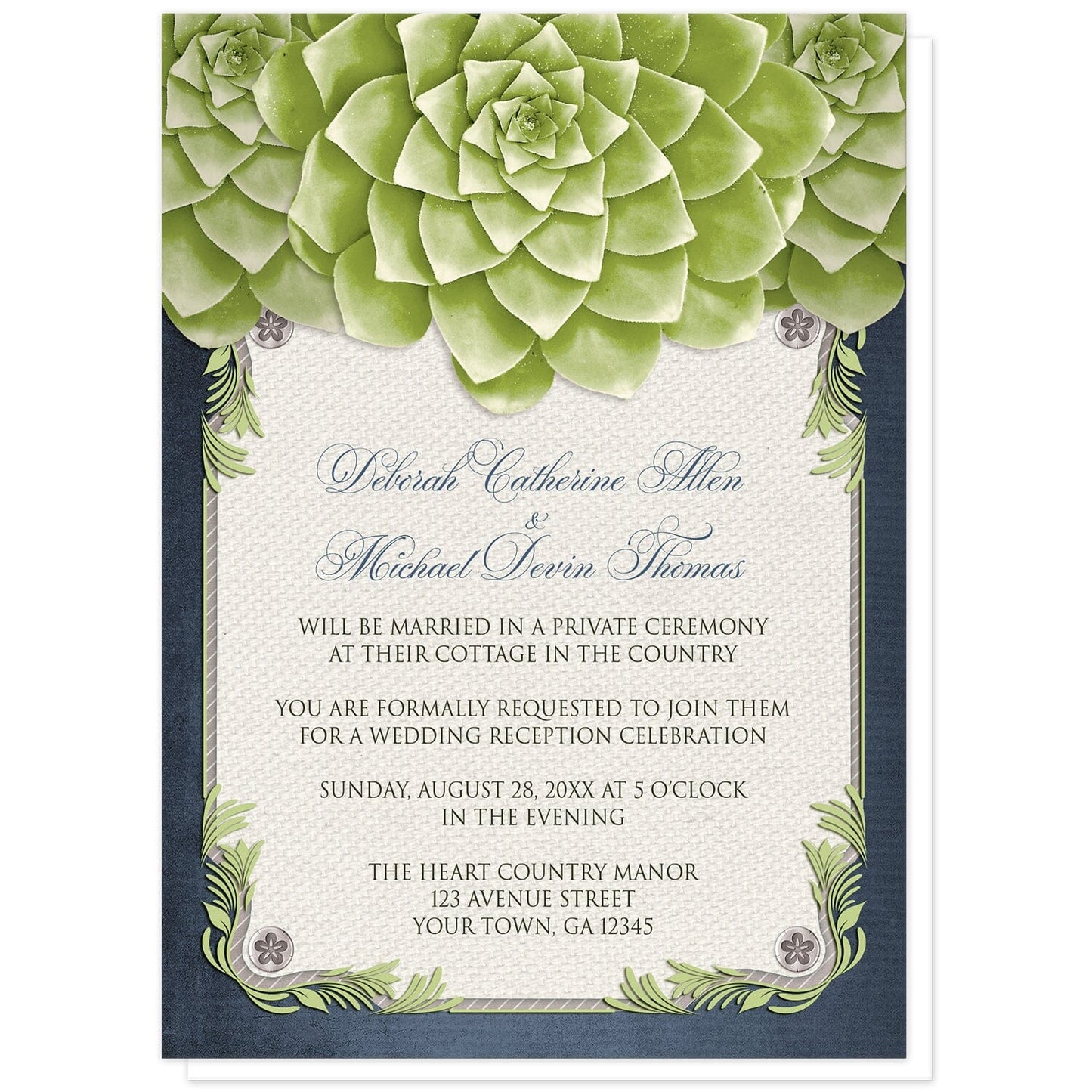 Rustic Succulent Garden Navy Reception Only Invitations at Artistically Invited. Invites with three large and lovely green succulents along the top over a beige canvas texture illustration framed with a leafy green decorative border, striped gray, and four floral metal pin illustrations, all over a navy blue background along the edges. Your personalized post-wedding reception details are arranged in dark gray and navy blue over the beige canvas background in the center area below the succulents.