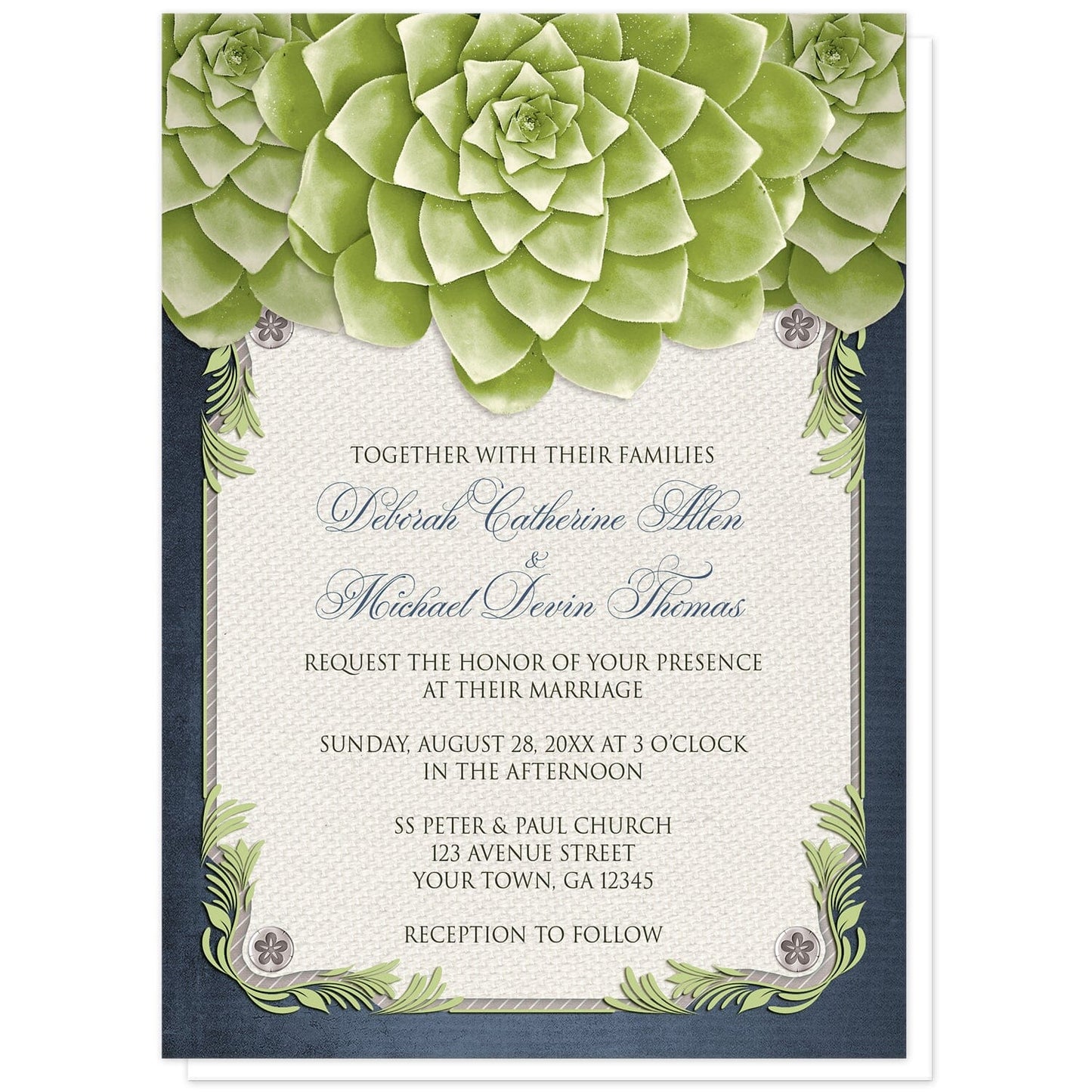 Rustic Succulent Garden Navy Wedding Invitations at Artistically Invited. Invites with three large and lovely green succulents along the top over a beige canvas texture illustration framed with a leafy green decorative border, striped gray, and four floral metal pin illustrations, all over a navy blue background along the edges. Your personalized marriage celebration details are arranged in dark gray and navy blue over the beige canvas background in the center area below the succulents.