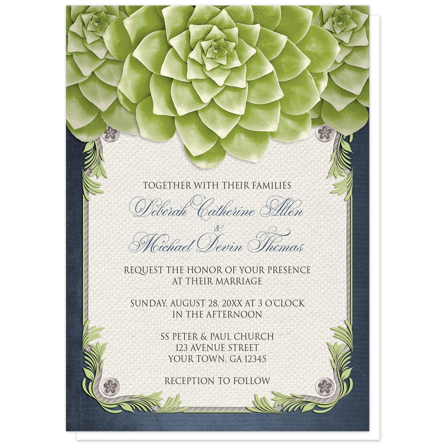 Rustic Succulent Garden Navy Wedding Invitations at Artistically Invited. Invites with three large and lovely green succulents along the top over a beige canvas texture illustration framed with a leafy green decorative border, striped gray, and four floral metal pin illustrations, all over a navy blue background along the edges. Your personalized marriage celebration details are arranged in dark gray and navy blue over the beige canvas background in the center area below the succulents.