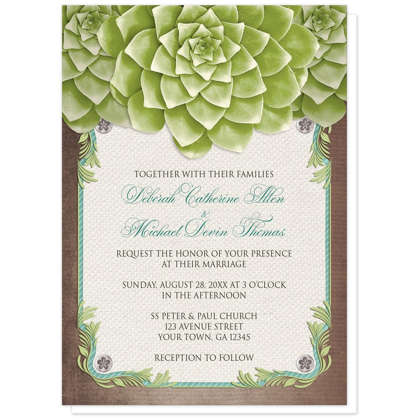 Rustic Succulent Garden Wedding Invitations at Artistically Invited. Invites with three large and lovely green succulents along the top over a beige canvas texture illustration framed with a leafy green decorative border, striped teal, and four floral metal pin illustrations, all over a brown background along the edges. Your personalized marriage ceremony details are arranged in brown and teal over the beige canvas background in the center area below the succulents.