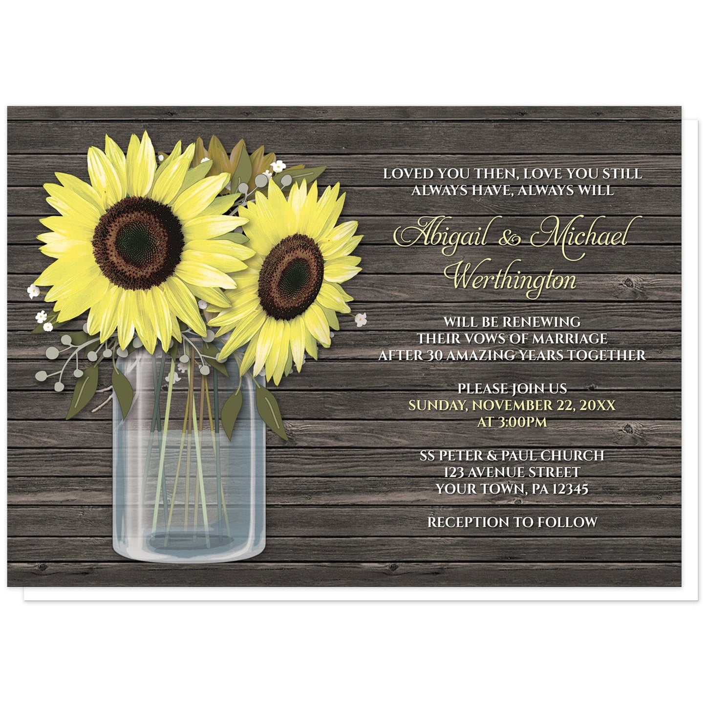 Rustic Sunflower Wood Mason Jar Vow Renewal Invitations at Artistically Invited. Southern country-inspired rustic sunflower wood mason jar vow renewal invitations with big yellow sunflowers, small accents of baby's breath, and green leaves in a glass mason jar illustration. Your personalized vow renewal details are arranged in yellow and white to the right of the sunflowers and mason jar design over a dark brown wood background.