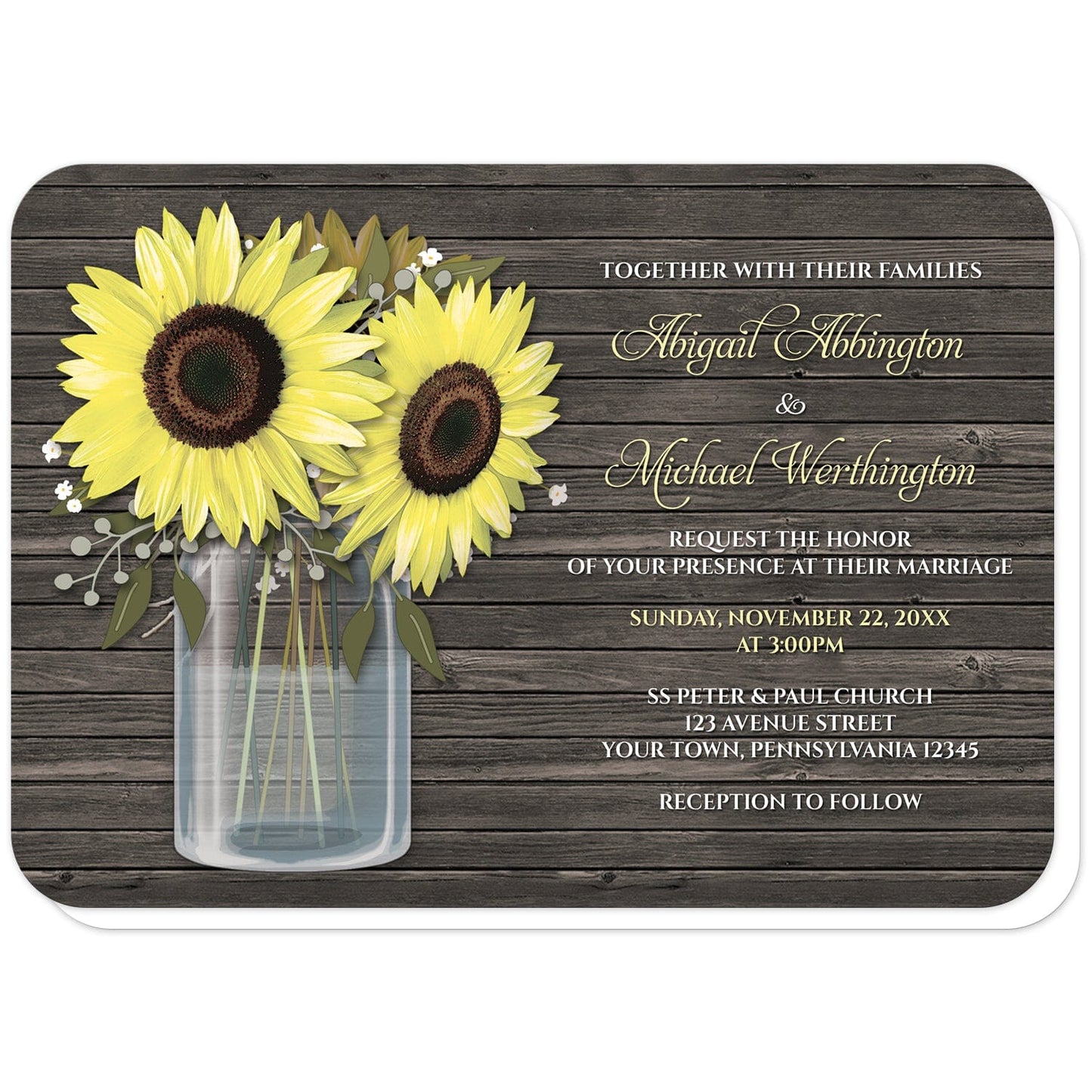 Rustic Sunflower Wood Mason Jar Wedding Invitations (with rounded corners) at Artistically Invited. Southern country-inspired rustic sunflower wood mason jar wedding invitations with big yellow sunflowers, small accents of baby's breath, and green leaves in a glass mason jar illustration. Your personalized marriage celebration details are custom printed in yellow and white to the right of the sunflowers and mason jar design over a dark brown wood background.