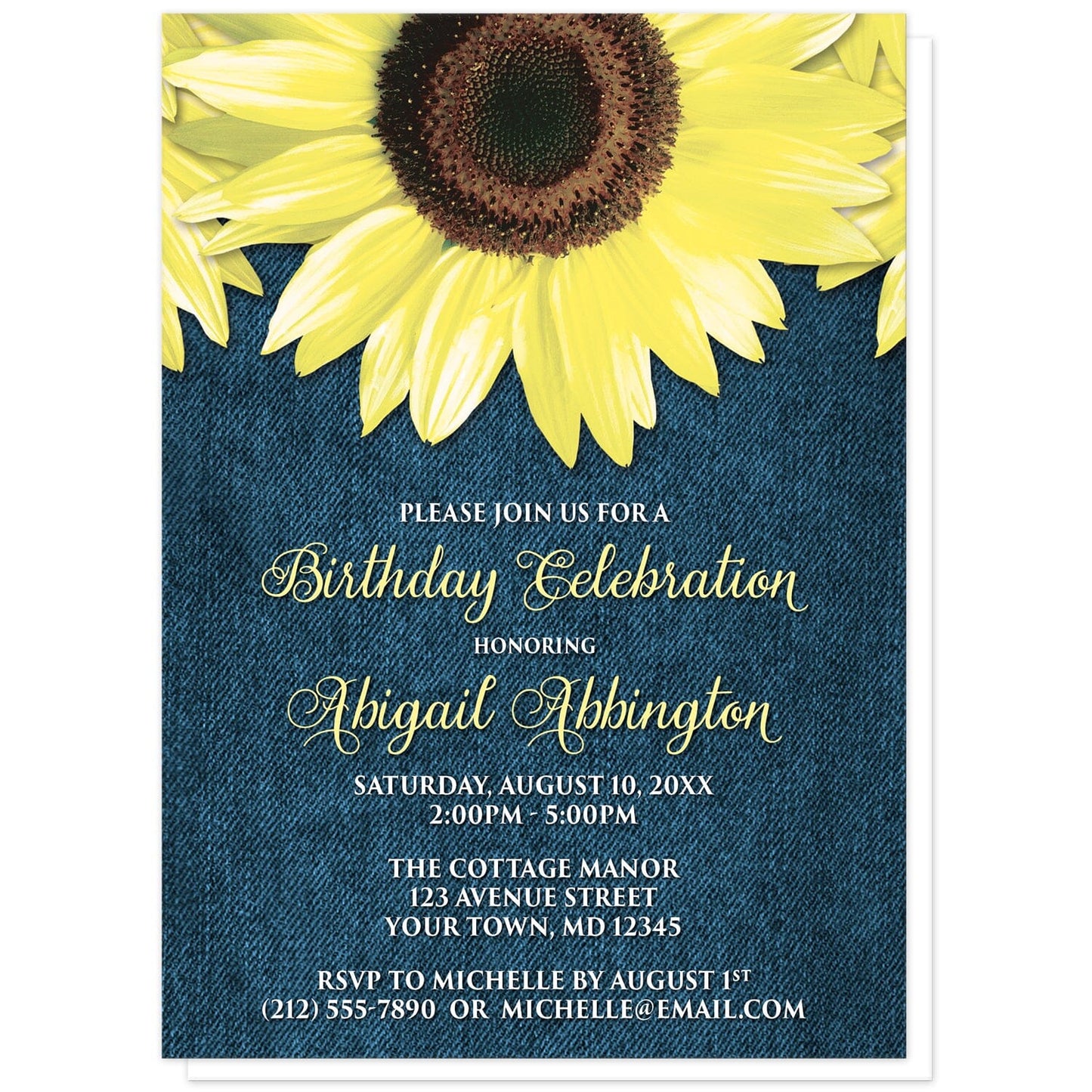 Rustic Sunflower and Denim Birthday Invitations at Artistically Invited. Southern-inspired rustic sunflower and denim birthday invitations designed with large yellow sunflowers along the top over a country blue denim design. Your personalized birthday celebration details are arranged in yellow and white over the blue denim background below the pretty sunflowers.