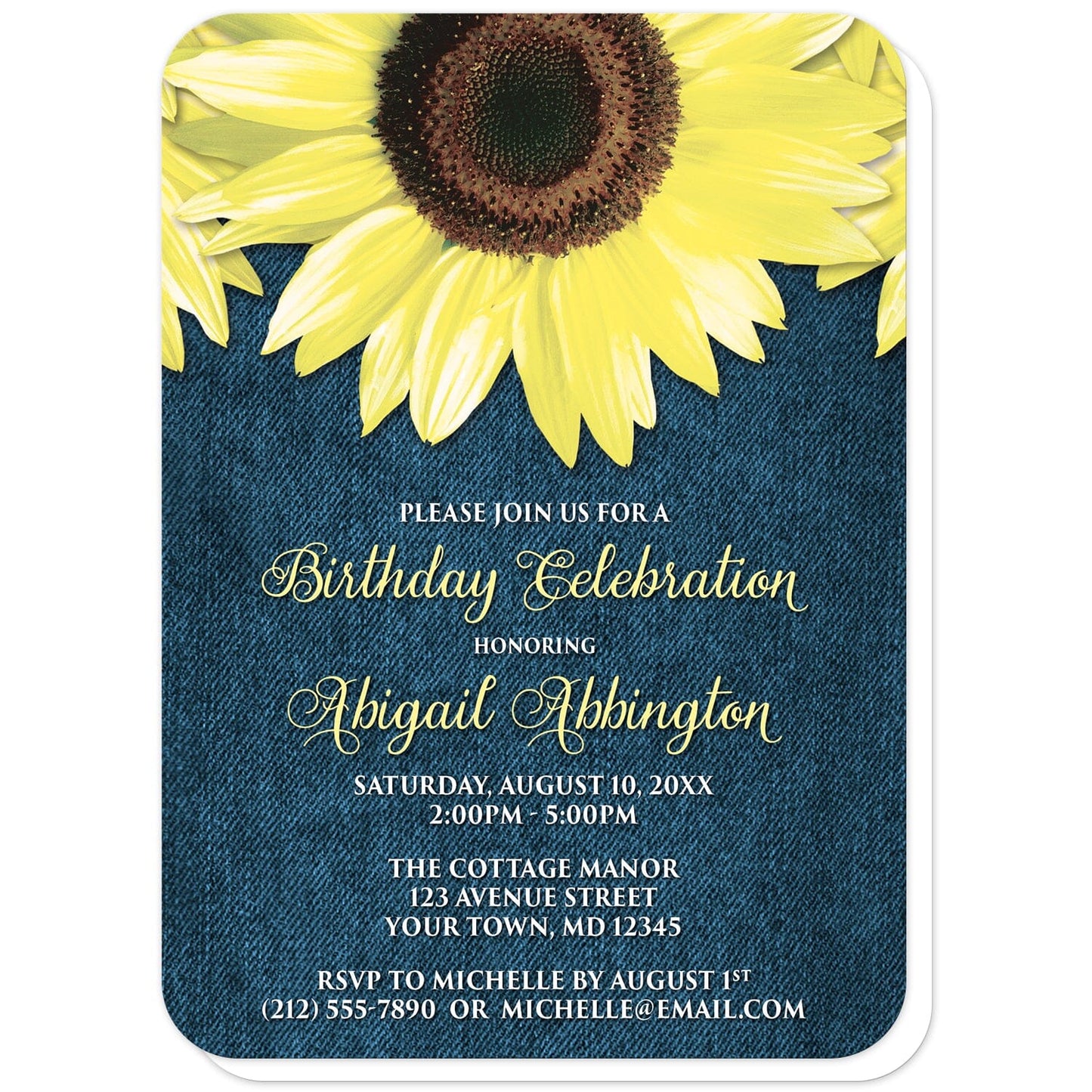 Rustic Sunflower and Denim Birthday Invitations (with rounded corners) at Artistically Invited. Southern-inspired rustic sunflower and denim birthday invitations designed with large yellow sunflowers along the top over a country blue denim design. Your personalized birthday celebration details are custom printed in yellow and white over the blue denim background below the pretty sunflowers.