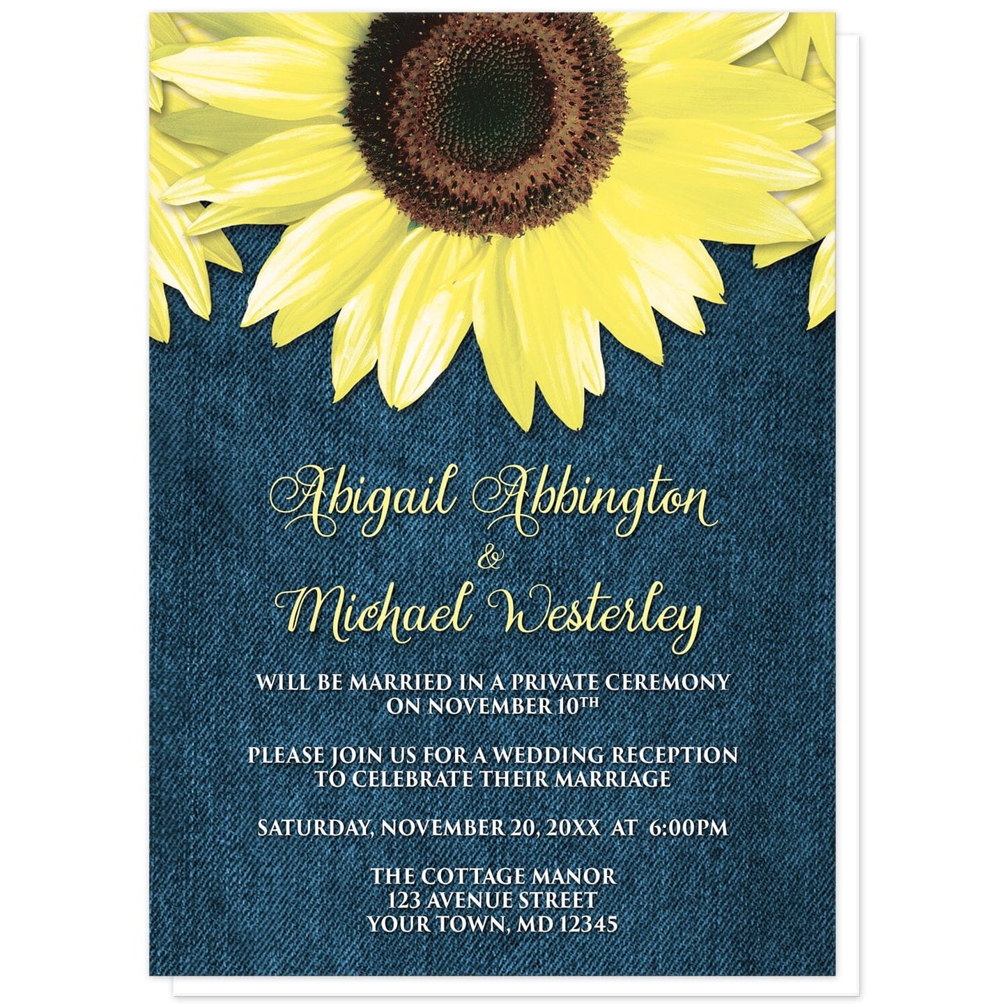 Rustic Sunflower and Denim Reception Only Invitations at Artistically Invited. Southern-inspired rustic sunflower and denim reception only invitations designed with large yellow sunflowers along the top over a country blue denim design. Your personalized post-wedding reception details are arranged in yellow and white over the blue denim background below the pretty sunflowers.