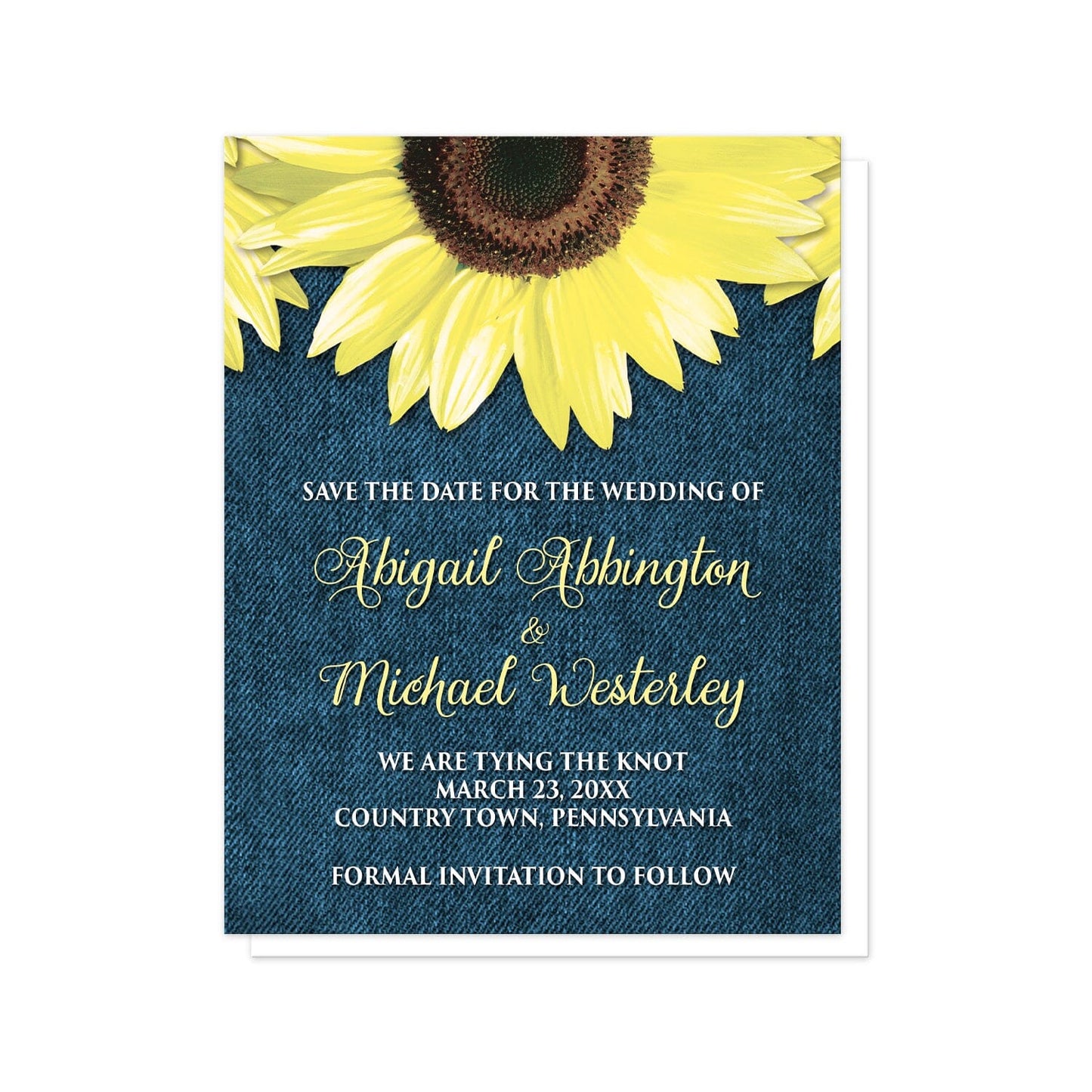 Rustic Sunflower and Denim Save the Date Cards at Artistically Invited. Southern-inspired rustic sunflower and denim save the date cards designed with large yellow sunflowers along the top over a country blue denim design. Your personalized wedding date details are arranged in yellow and white over the blue denim background below the pretty sunflowers.