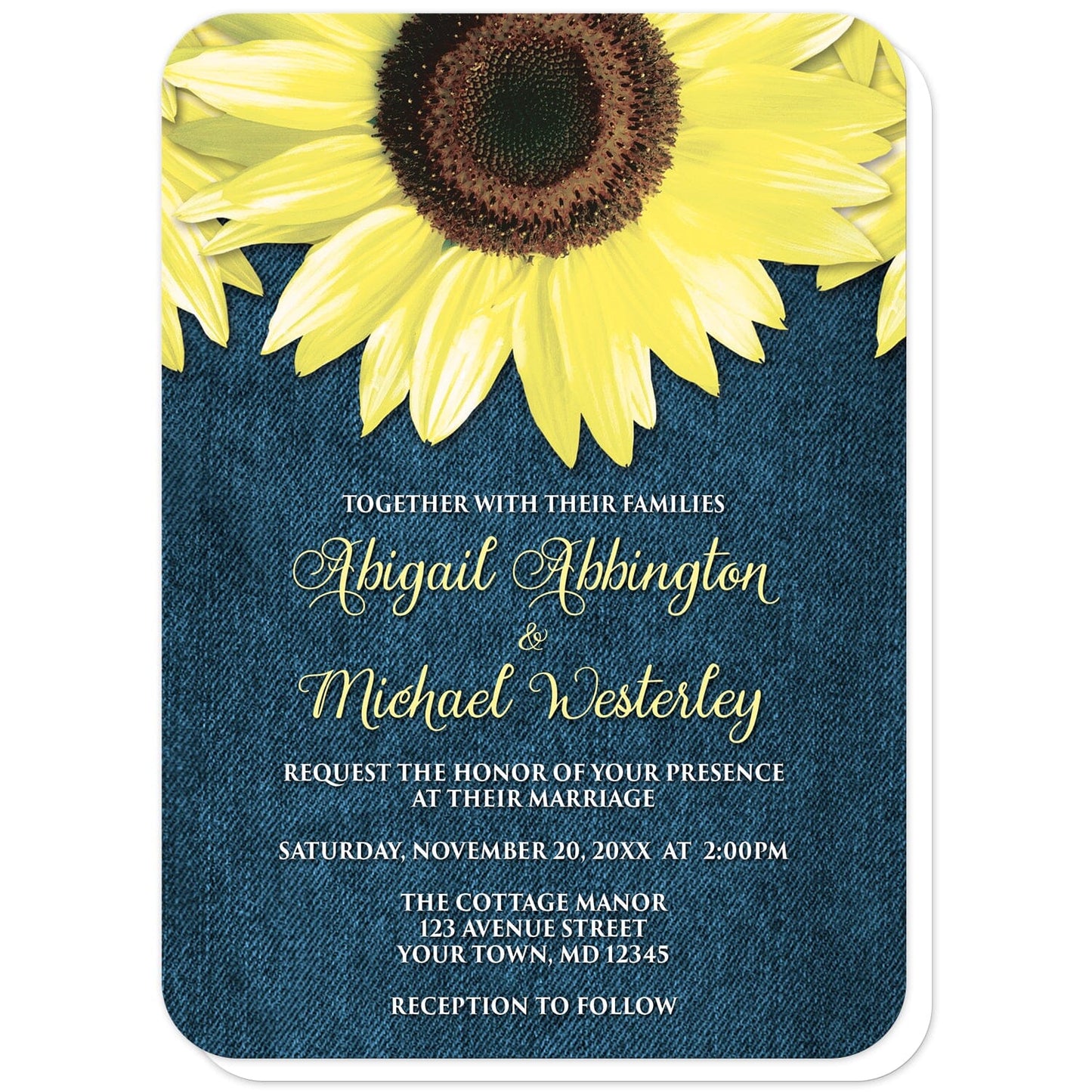 Rustic Sunflower and Denim Wedding Invitations (with rounded corners) at Artistically Invited. Southern-inspired rustic sunflower and denim wedding invitations designed with large yellow sunflowers along the top over a country blue denim design. Your personalized marriage ceremony details are custom printed in yellow and white over the blue denim background below the pretty sunflowers.