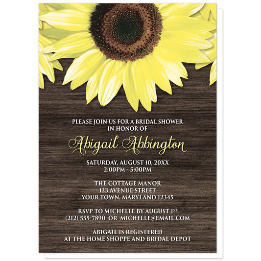 Rustic Sunflower and Wood Bridal Shower Invitations at Artistically Invited. Southern-inspired rustic sunflower and wood bridal shower invitations designed with large yellow sunflowers along the top over a country brown wood design. Your personalized bridal shower celebration details are arranged in yellow and white over the brown wood background below the pretty sunflowers.