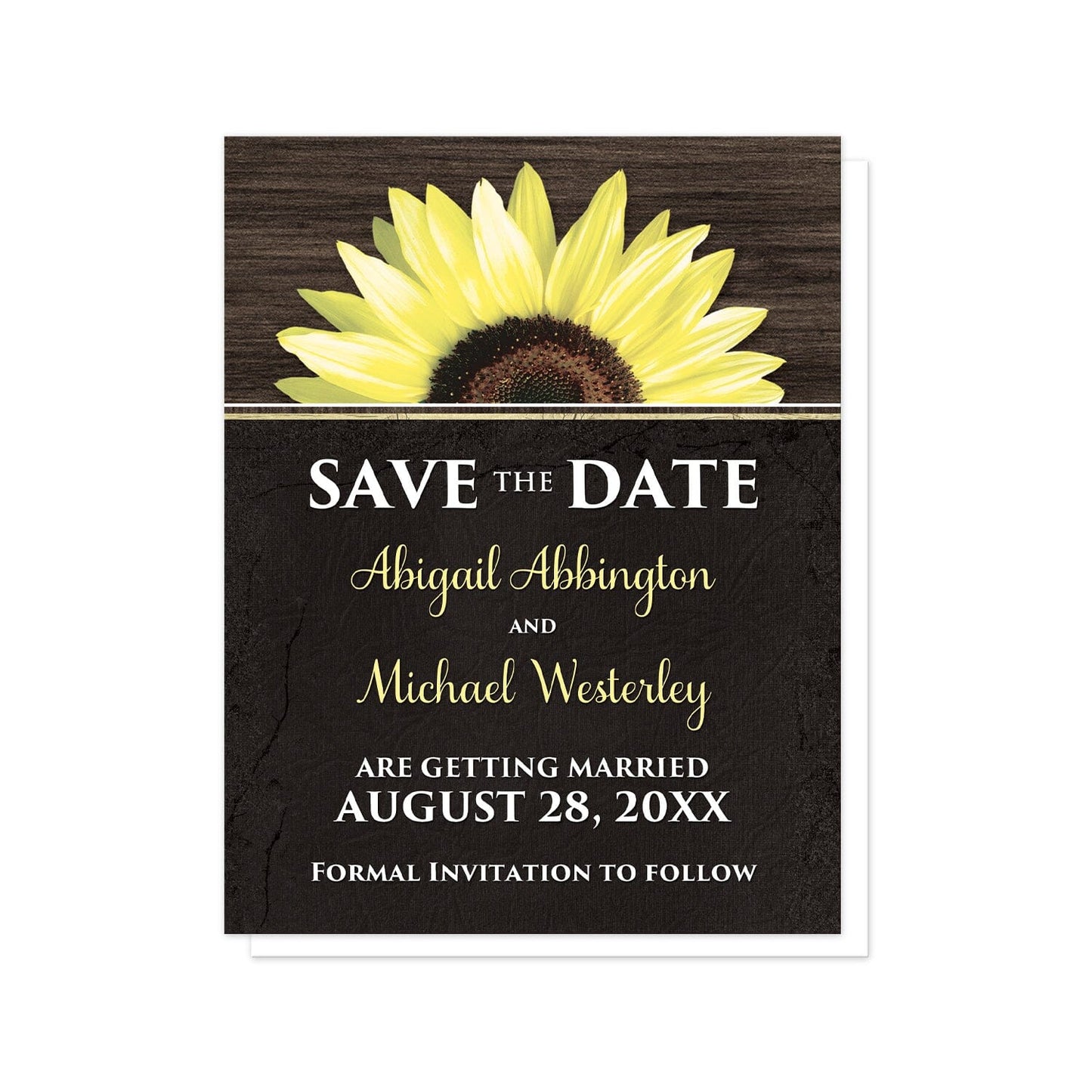 Rustic Sunflower with Black Save the Date Cards at Artistically Invited. Country-inspired rustic sunflower with black save the date cards featuring a vibrant bright yellow sunflower over a textured dark brown wood design along the top. Your personalized wedding date details are arranged in yellow and white over a tattered black cloth illustration below the sunflower.