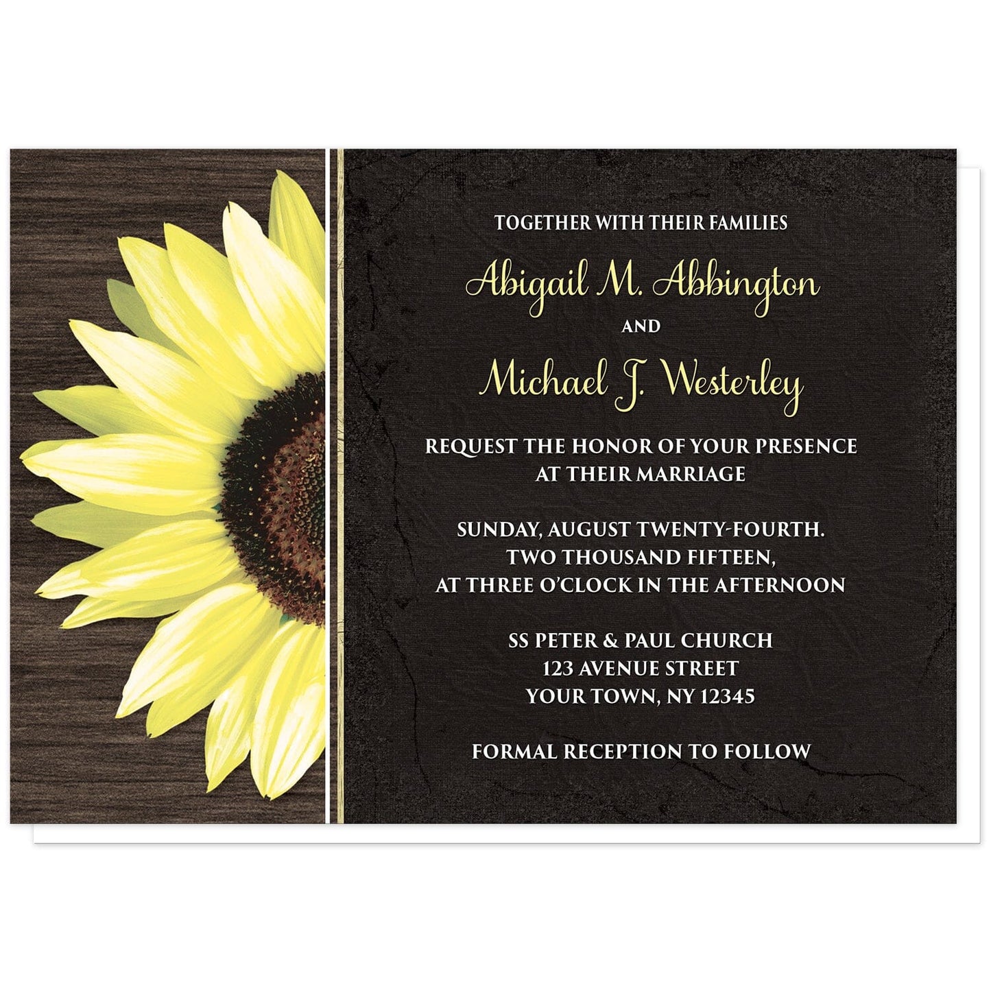 Rustic Sunflower with Black Wedding Invitations at Artistically Invited. Country-inspired rustic sunflower with black wedding invitations featuring a vibrant bright yellow sunflower over a textured dark brown wood design along the left side. Your personalized marriage celebration details are arranged in yellow and white over a tattered black cloth illustration to the right of the sunflower.