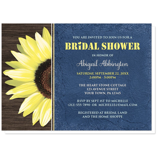 Rustic Sunflower with Blue Bridal Shower Invitations at Artistically Invited. Country-inspired rustic sunflower with blue bridal shower invitations featuring a vibrant bright yellow sunflower over a textured dark brown wood design along the left side. Your personalized bridal shower celebration details are arranged in yellow and white over a tattered blue cloth illustration to the right of the sunflower.