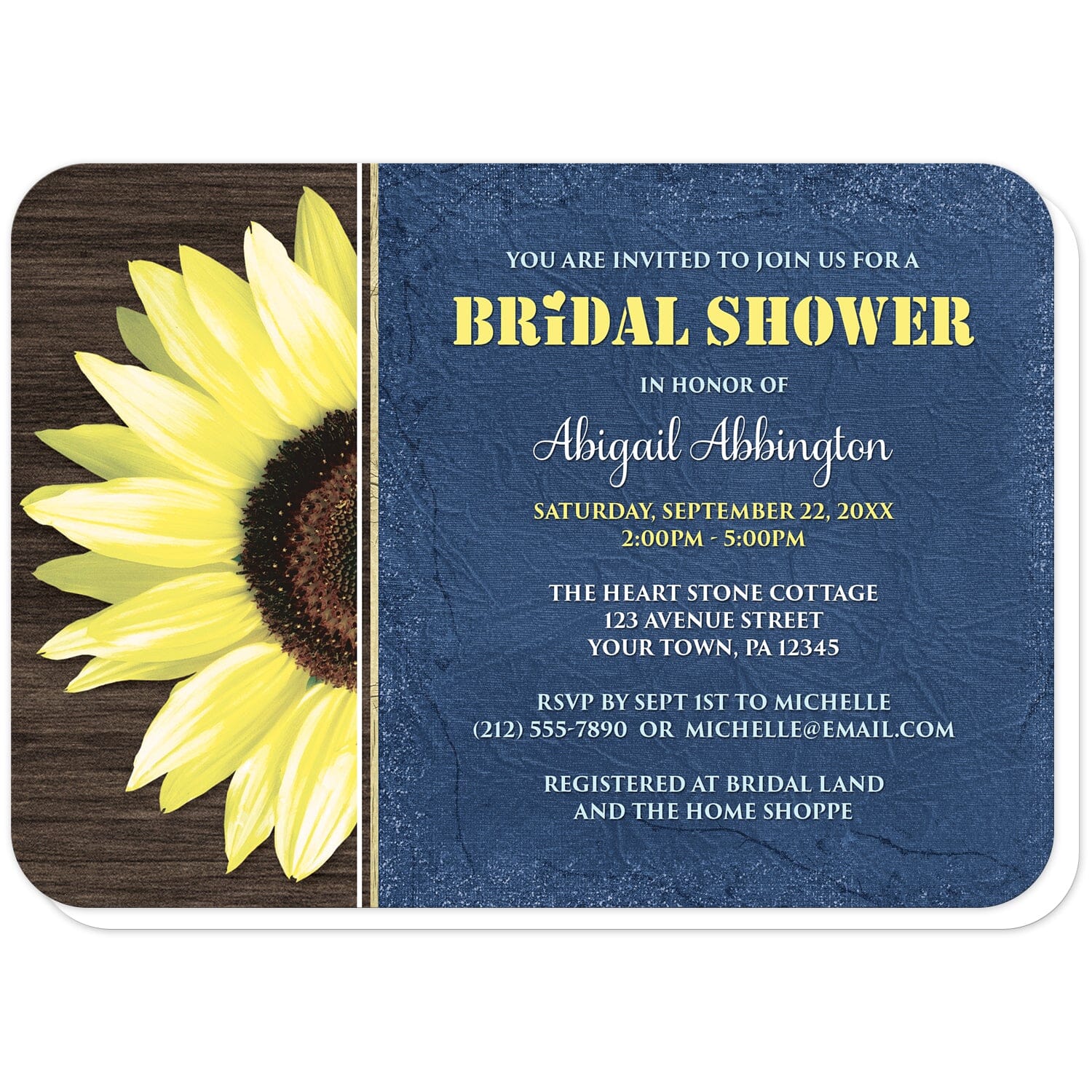 Rustic Sunflower with Blue Bridal Shower Invitations (with rounded corners) at Artistically Invited. Country-inspired rustic sunflower with blue bridal shower invitations featuring a vibrant bright yellow sunflower over a textured dark brown wood design along the left side. Your personalized bridal shower celebration details are custom printed in yellow and white over a tattered blue cloth illustration to the right of the sunflower.