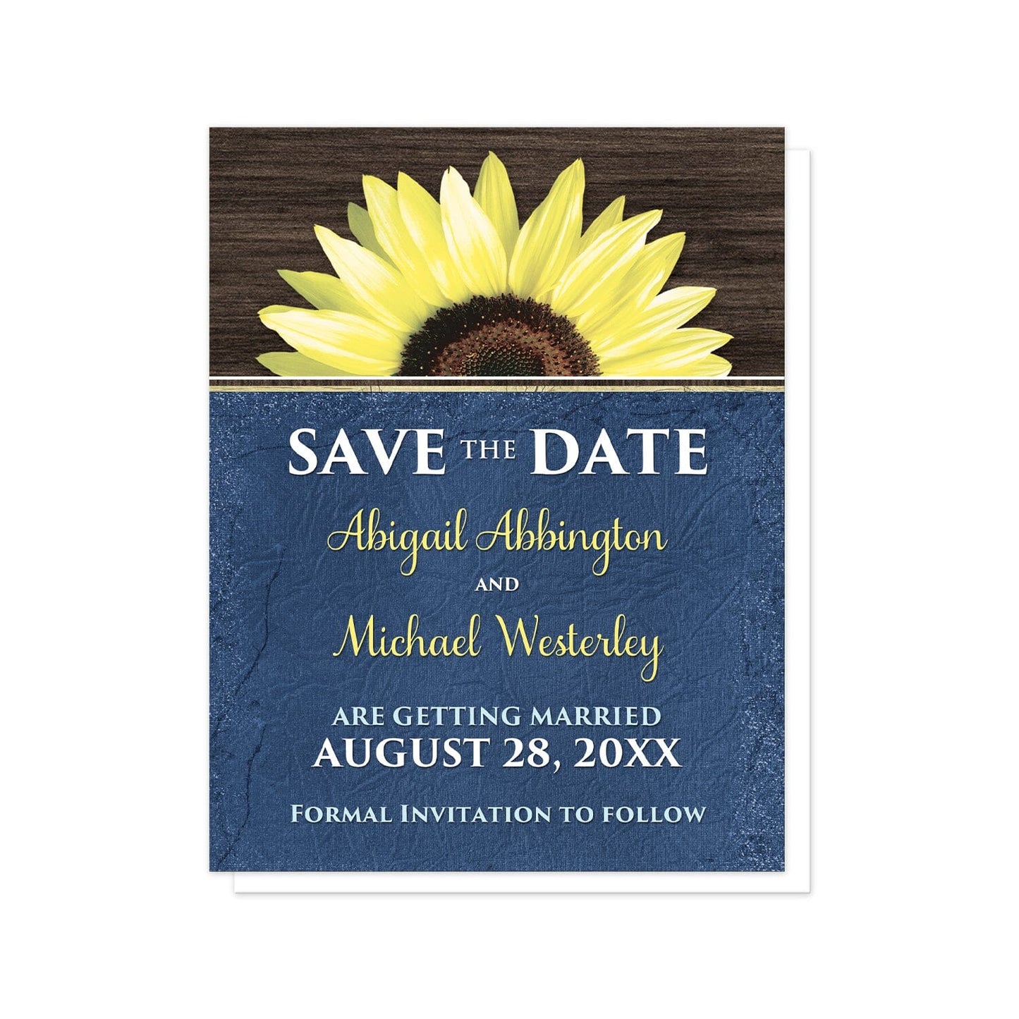 Rustic Sunflower with Blue Save the Date Cards at Artistically Invited. Country-inspired rustic sunflower with blue save the date cards featuring a vibrant bright yellow sunflower over a textured dark brown wood design along the top. Your personalized wedding date details are arranged in yellow and white over a tattered blue cloth illustration below the sunflower.