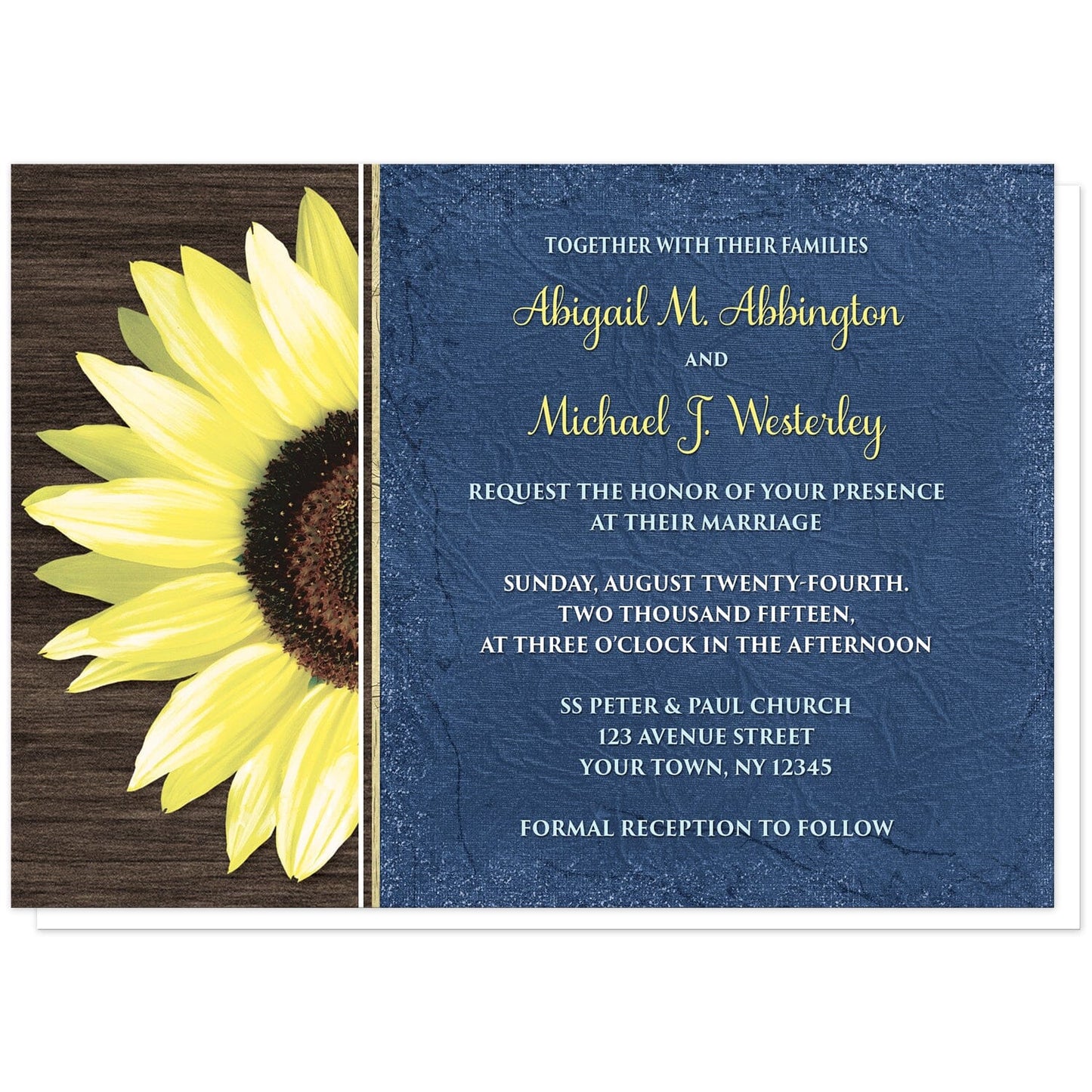 Rustic Sunflower with Blue Wedding Invitations at Artistically Invited. Country-inspired rustic sunflower with blue wedding invitations featuring a vibrant bright yellow sunflower over a textured dark brown wood design along the left side. Your personalized marriage celebration details are arranged in yellow, light blue, and white over a tattered blue cloth illustration to the right of the sunflower.