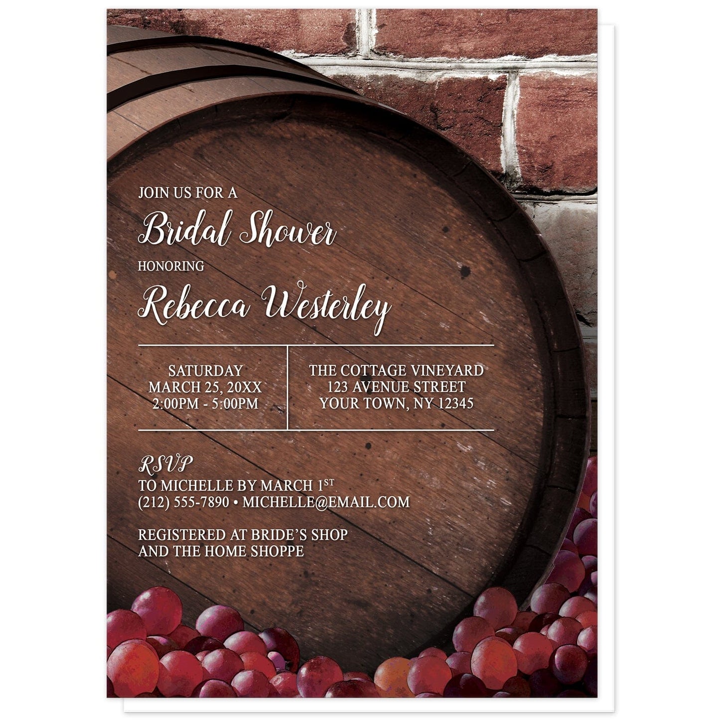 Rustic Wine Barrel Vineyard Bridal Shower Invitations at Artistically Invited. Beautiful rustic wine barrel vineyard bridal shower invitations designed with a large wooden wine barrel and grapes illustration in front of a brick pattern background. Your personalized bridal shower celebration details are arranged in white fonts and grid lines over the top side of the barrel.