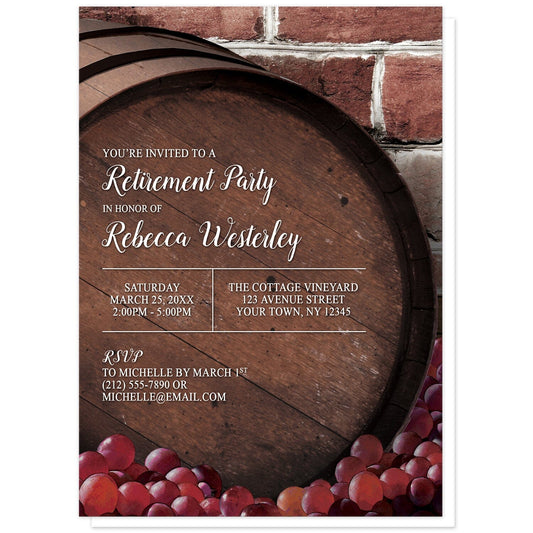 Rustic Wine Barrel Vineyard Retirement Invitations at Artistically Invited. Beautiful rustic wine barrel vineyard retirement invitations designed with a large wooden wine barrel and grapes illustration in front of a brick pattern background. Your personalized retirement party details are arranged in white fonts and grid lines over the top side of the barrel.