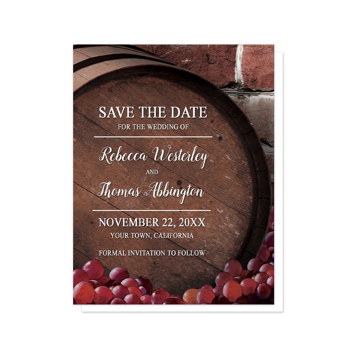 Rustic Wine Barrel Vineyard Save the Date Cards at Artistically Invited. Beautiful rustic wine barrel vineyard save the date cards designed with a large wooden wine barrel and grapes illustration in front of a brick pattern background. Your personalized wedding date details are arranged in white fonts and lines over the top side of the barrel.