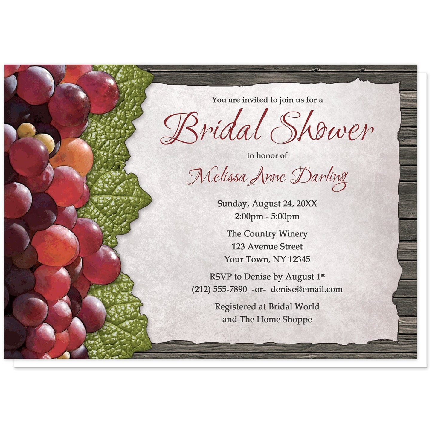 Rustic Winery Grapes and Wood Bridal Shower Invitations at Artistically Invited. Rustic winery grapes and wood bridal shower invitations designed with rustic red grapes and green leaves along the left side. Your personalized bridal shower celebration details are arranged in dark red and brown on a torn parchment paper design over dark brown wood.