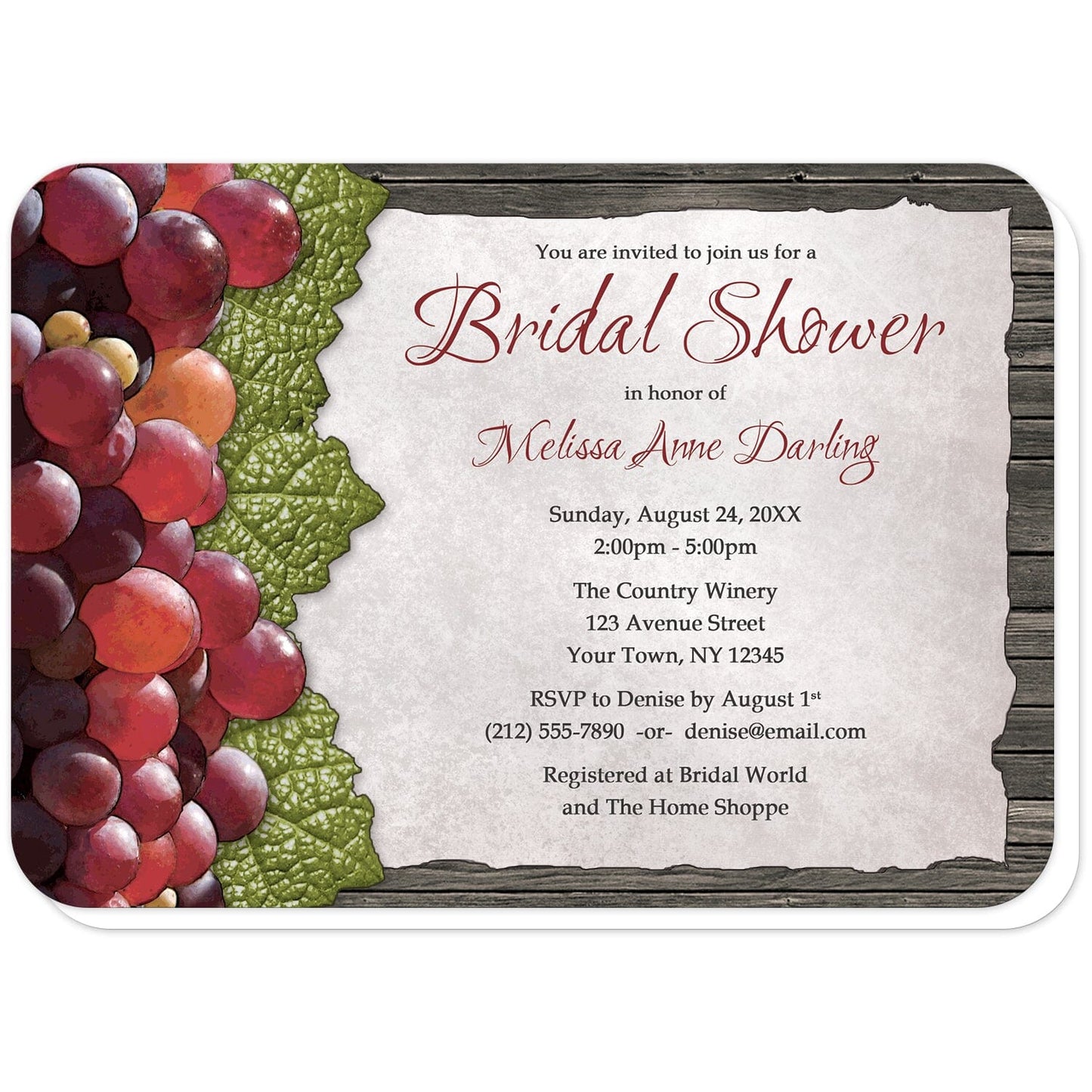 Rustic Winery Grapes and Wood Bridal Shower Invitations (with rounded corners) at Artistically Invited. Rustic winery grapes and wood bridal shower invitations designed with rustic red grapes and green leaves along the left side. Your personalized bridal shower celebration details are custom printed in dark red and brown on a torn parchment paper design over dark brown wood.