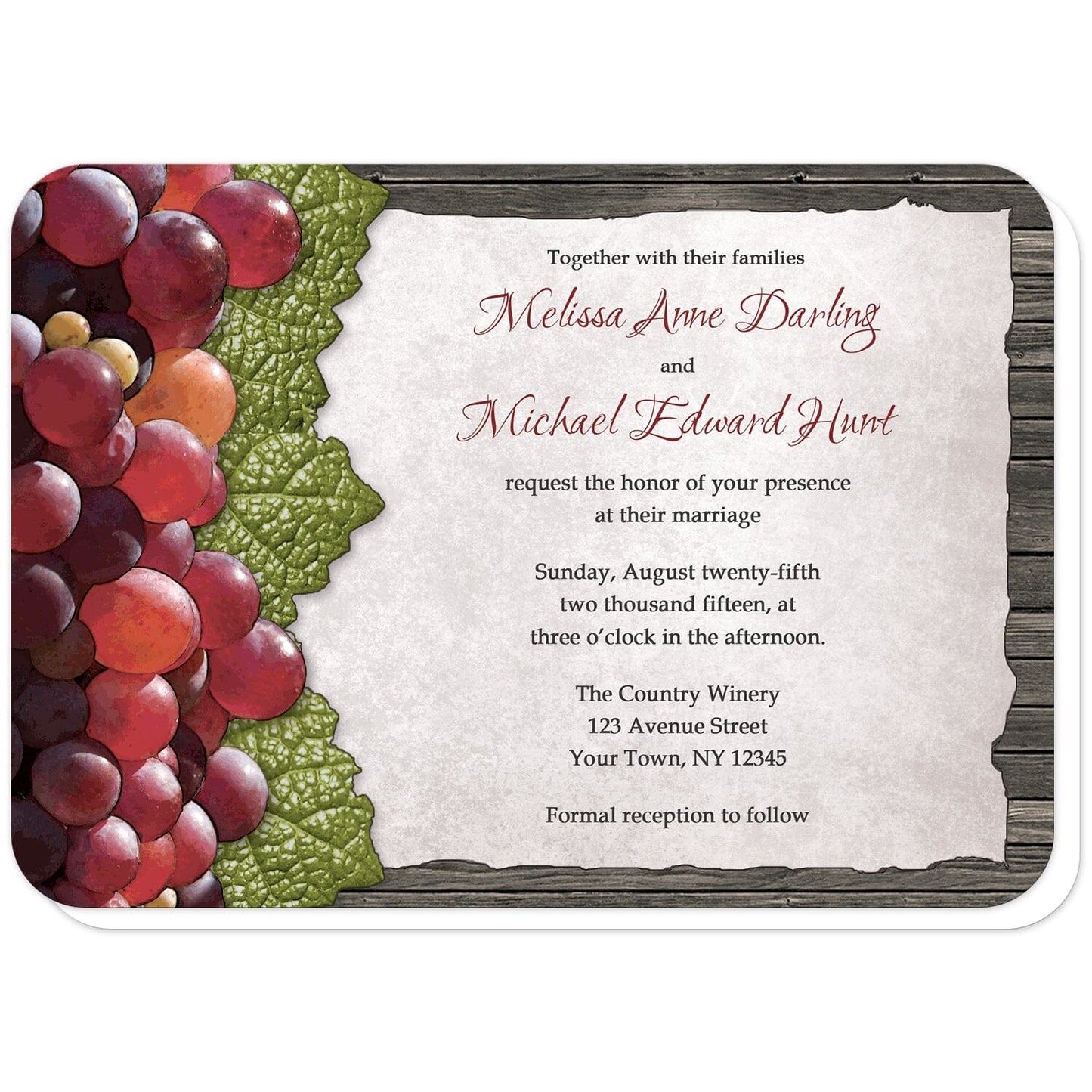 Rustic Winery Grapes and Wood Wedding Invitations (with rounded corners) at Artistically Invited. Rustic winery grapes and wood wedding invitations designed with rustic red grapes and green leaves along the left side. Your personalized marriage celebration details are custom printed in dark red and brown on a torn parchment paper design over dark brown wood.