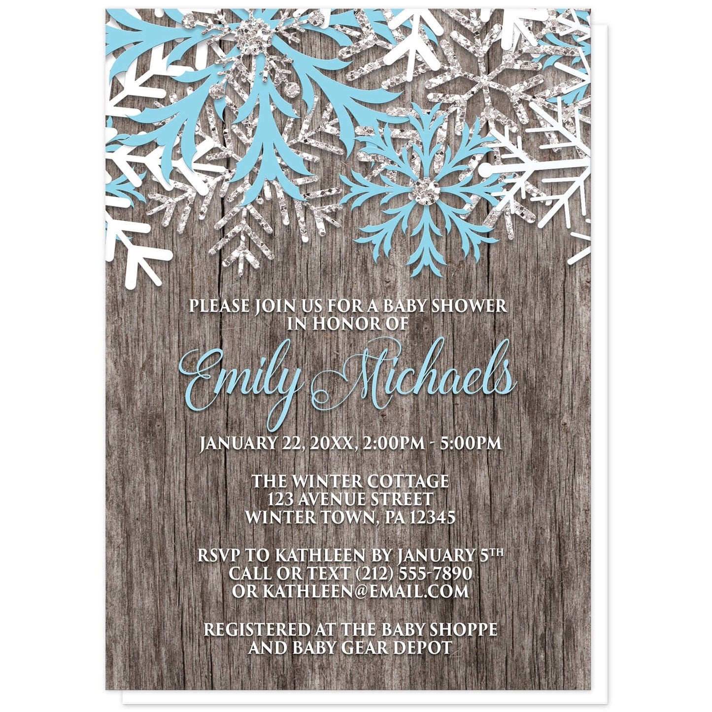 Rustic Winter Wood Blue Snowflake Baby Shower Invitations at Artistically Invited. Country-inspired rustic winter wood blue snowflake baby shower invitations designed with light blue, white, and silver-colored glitter-illustrated snowflakes along the top over a rustic wood pattern illustration. Your personalized baby shower celebration details are arranged in light blue and white over the wood background below the snowflakes.
