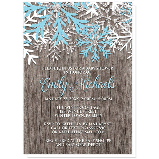 Rustic Winter Wood Blue Snowflake Baby Shower Invitations at Artistically Invited. Country-inspired rustic winter wood blue snowflake baby shower invitations designed with light blue, white, and silver-colored glitter-illustrated snowflakes along the top over a rustic wood pattern illustration. Your personalized baby shower celebration details are arranged in light blue and white over the wood background below the snowflakes.