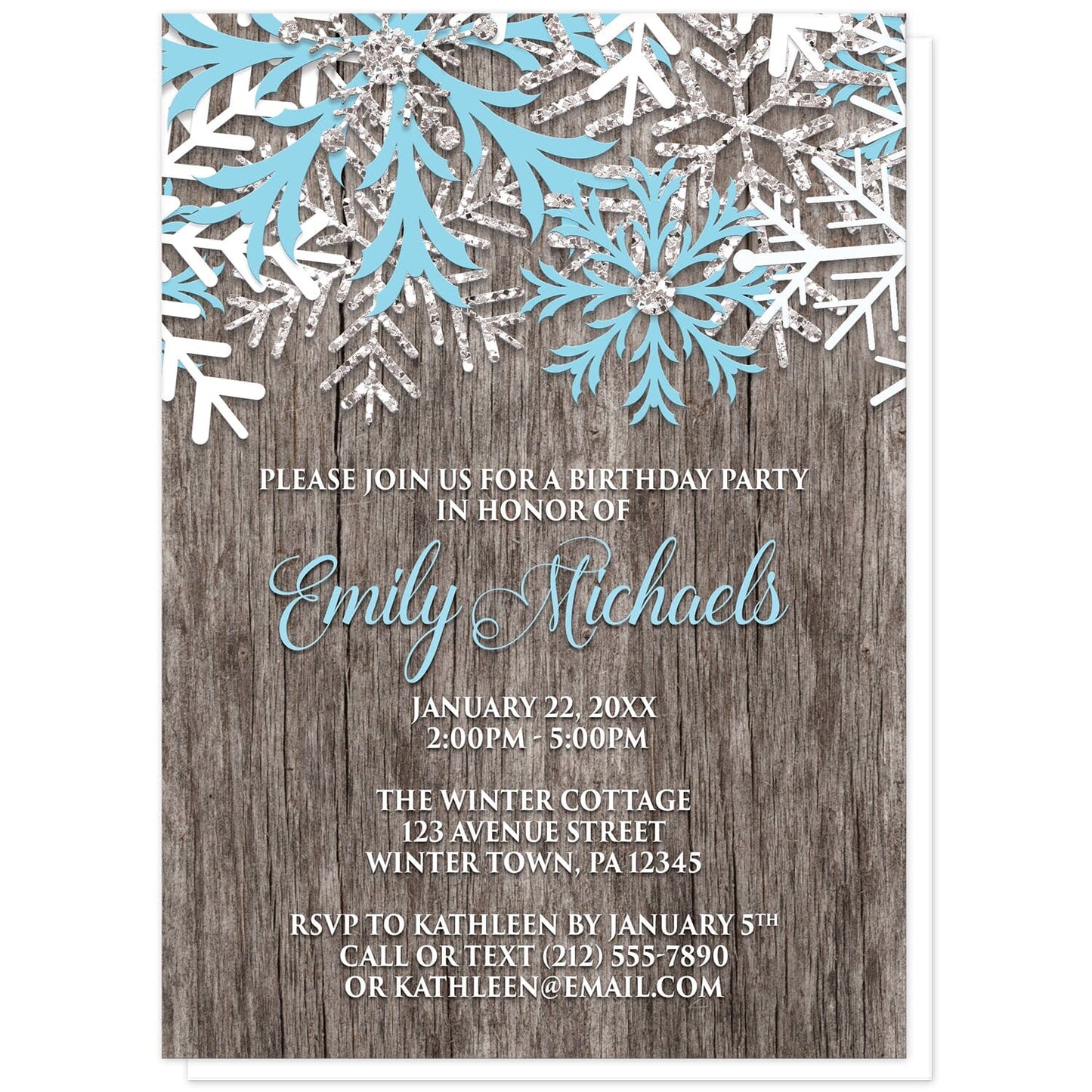 Rustic Winter Wood Blue Snowflake Birthday Invitations at Artistically Invited. Country-inspired rustic winter wood blue snowflake birthday invitations designed with light blue, white, and silver-colored glitter-illustrated snowflakes along the top over a rustic wood pattern illustration. Your personalized birthday party details are arranged in light blue and white over the wood background below the snowflakes.