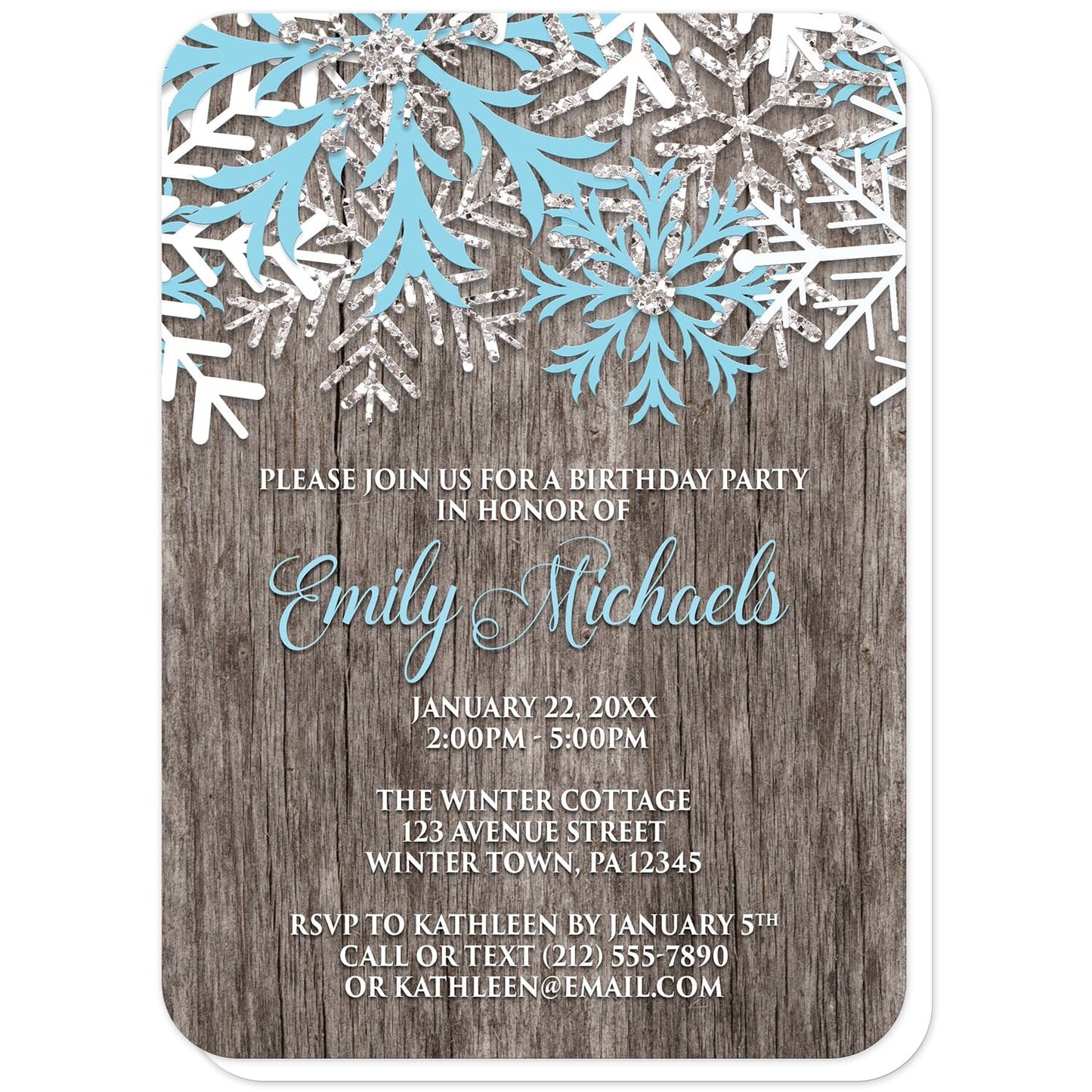 Rustic Winter Wood Blue Snowflake Birthday Invitations (with rounded corners) at Artistically Invited. Country-inspired rustic winter wood blue snowflake birthday invitations designed with light blue, white, and silver-colored glitter-illustrated snowflakes along the top over a rustic wood pattern illustration. Your personalized birthday party details are custom printed in light blue and white over the wood background below the snowflakes.