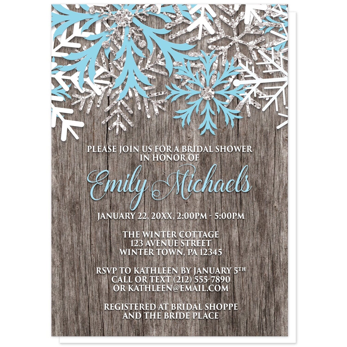Rustic Winter Wood Blue Snowflake Bridal Shower Invitations at Artistically Invited. Country-inspired rustic winter wood blue snowflake bridal shower invitations designed with light blue, white, and silver-colored glitter-illustrated snowflakes along the top over a rustic wood pattern illustration. Your personalized bridal shower celebration details are arranged in light blue and white over the wood background below the snowflakes.