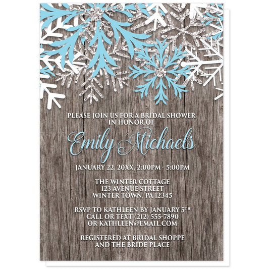 Rustic Winter Wood Blue Snowflake Bridal Shower Invitations at Artistically Invited. Country-inspired rustic winter wood blue snowflake bridal shower invitations designed with light blue, white, and silver-colored glitter-illustrated snowflakes along the top over a rustic wood pattern illustration. Your personalized bridal shower celebration details are arranged in light blue and white over the wood background below the snowflakes.